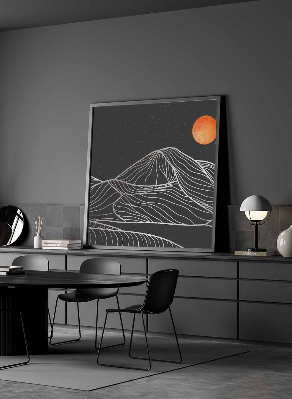 Square Canvas Wall Art Stretched Over Wooden Frame with Gold Floating Frame and Moon On Mountains Painting Paintings & Pictures| LOWHA