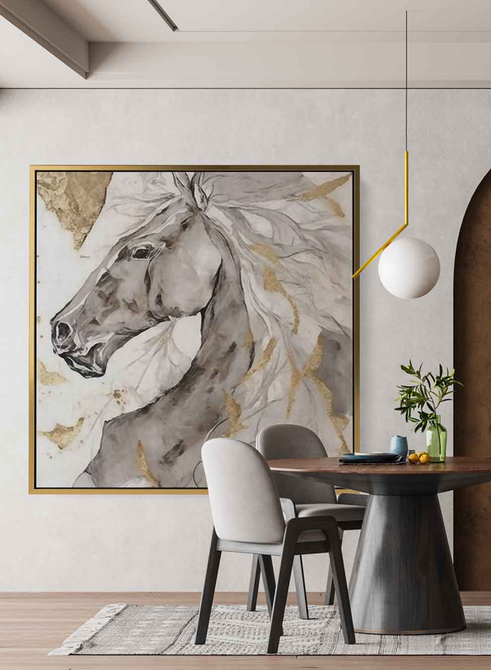Square Canvas Wall Art Stretched Over Wooden Frame with Gold Floating Frame and Wild Horse Oil Painting Paintings & Pictures| LOWHA