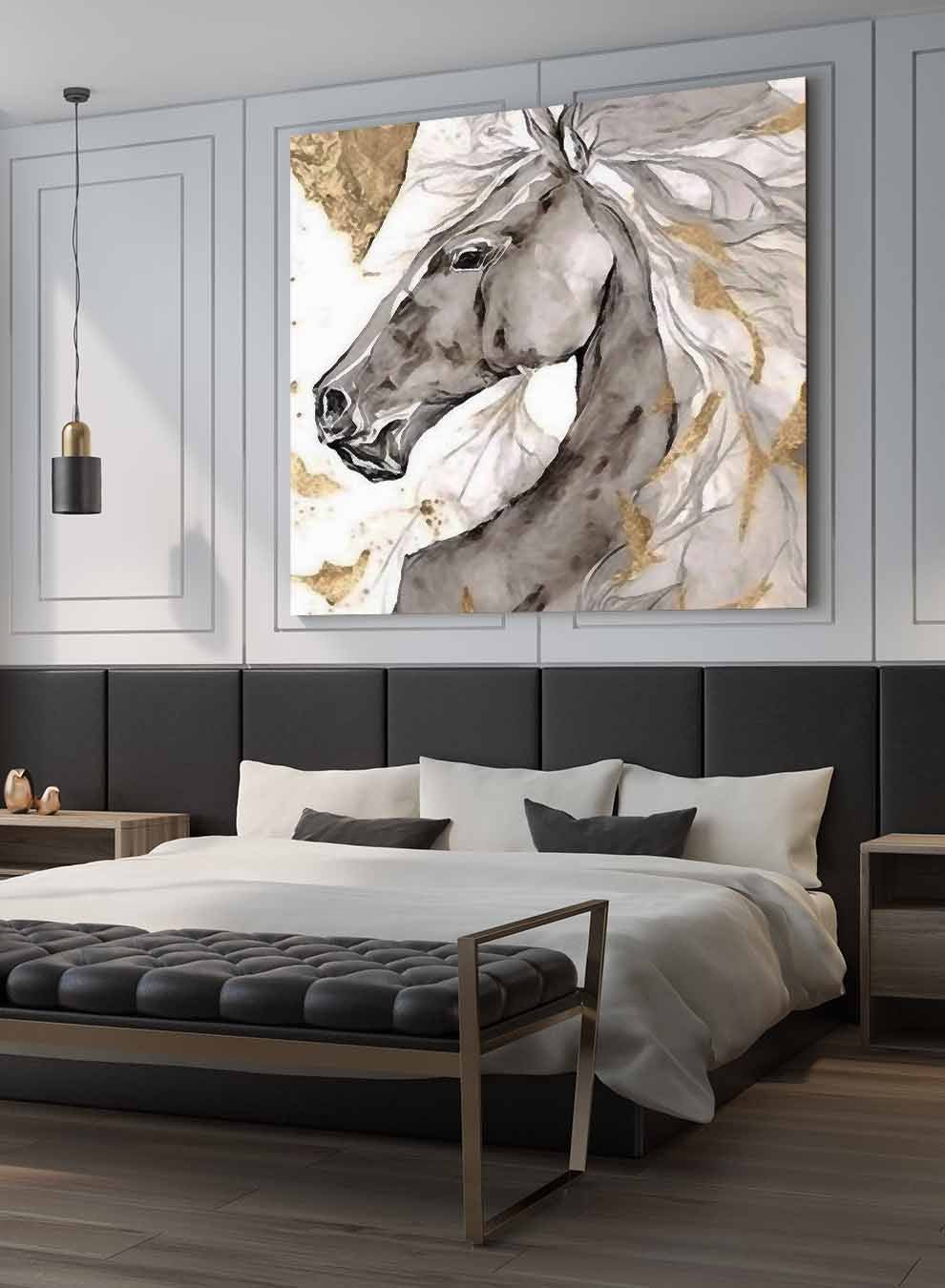 Square Canvas Wall Art Stretched Over Wooden Frame with Gold Floating Frame and Wild Horse Oil Painting Paintings & Pictures| LOWHA