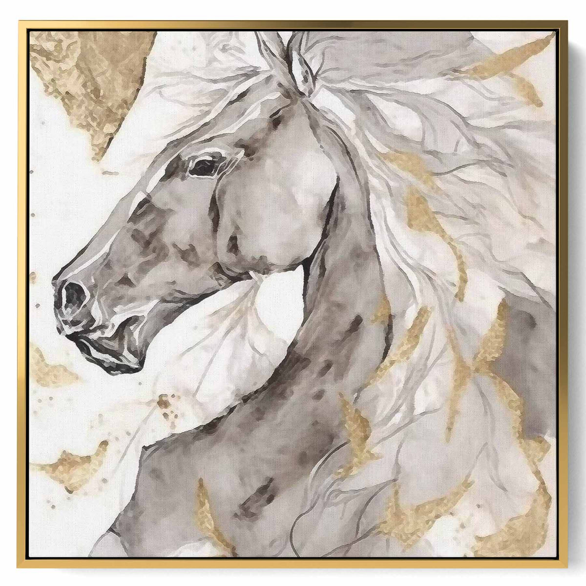 Square Canvas Wall Art Stretched Over Wooden Frame with Gold Floating Frame and Wild Horse Oil Painting Paintings & Pictures| LOWHA