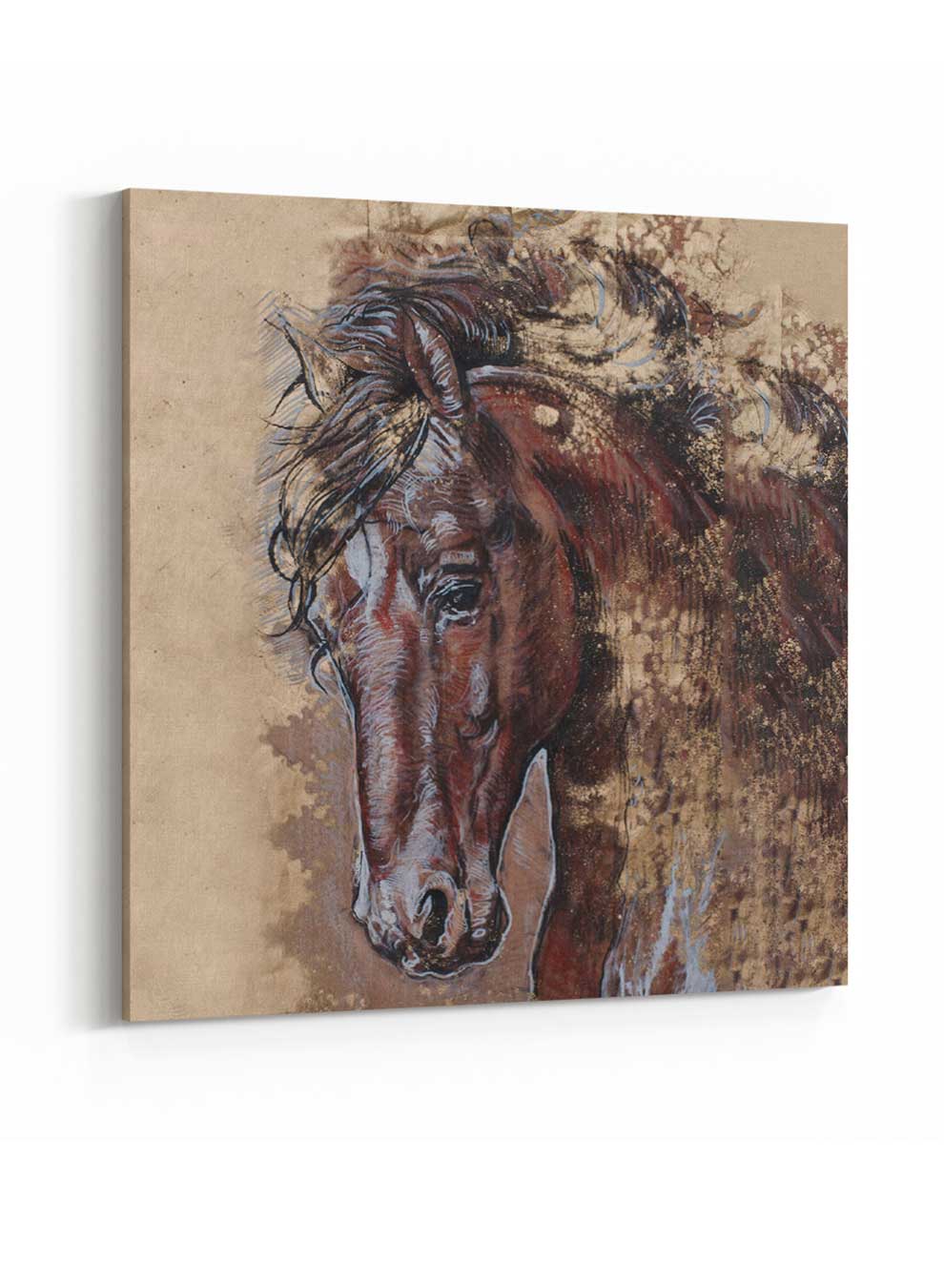 Square Canvas Wall Art Stretched Over Wooden Frame with Gold Floating Frame and Wild Horses Abstract Painting Paintings & Pictures| LOWHA