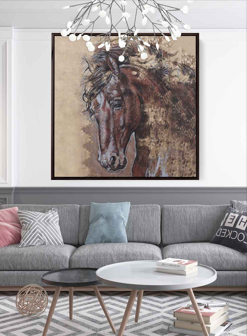 Square Canvas Wall Art Stretched Over Wooden Frame with Gold Floating Frame and Wild Horses Abstract Painting Paintings & Pictures| LOWHA