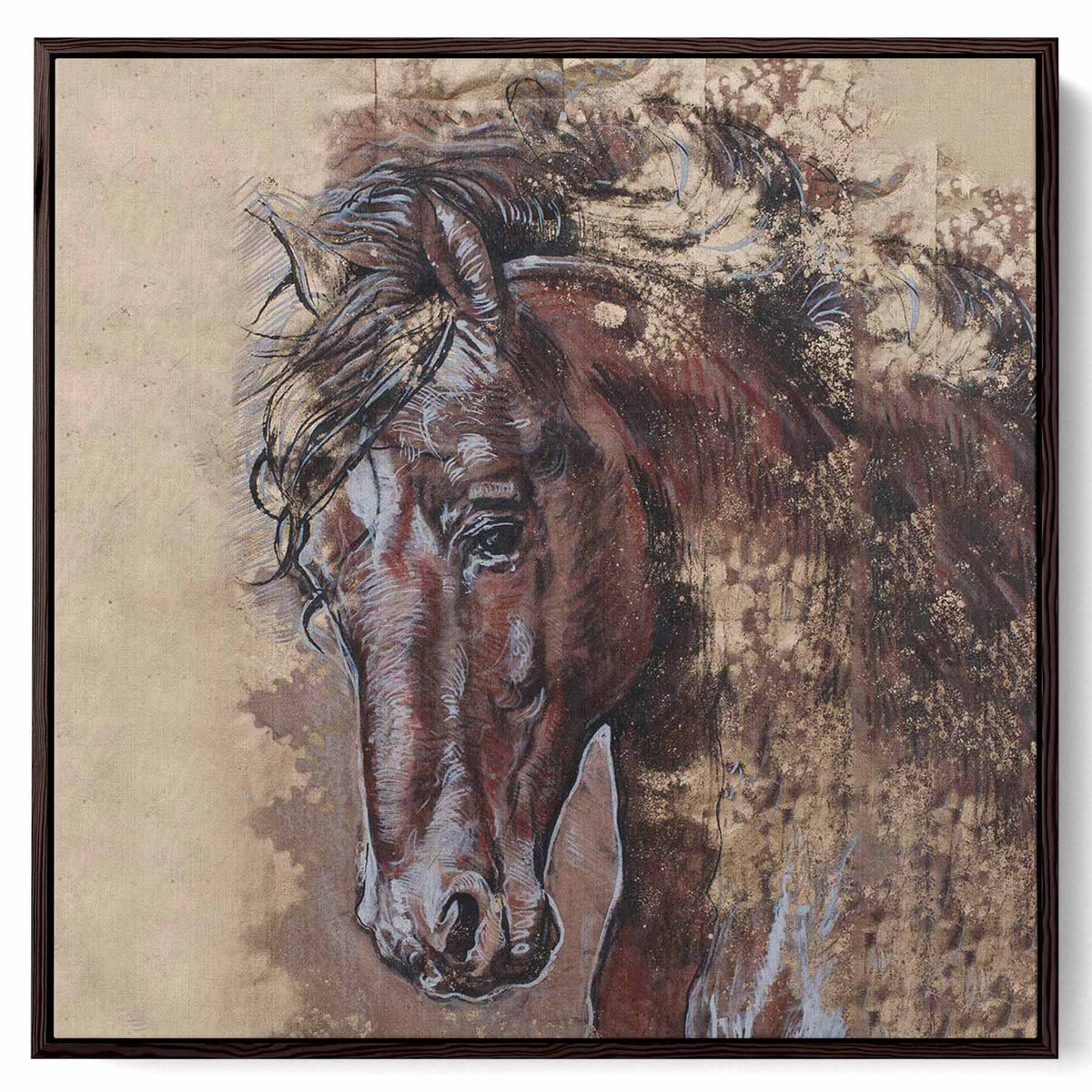 Square Canvas Wall Art Stretched Over Wooden Frame with Gold Floating Frame and Wild Horses Abstract Painting Paintings & Pictures| LOWHA