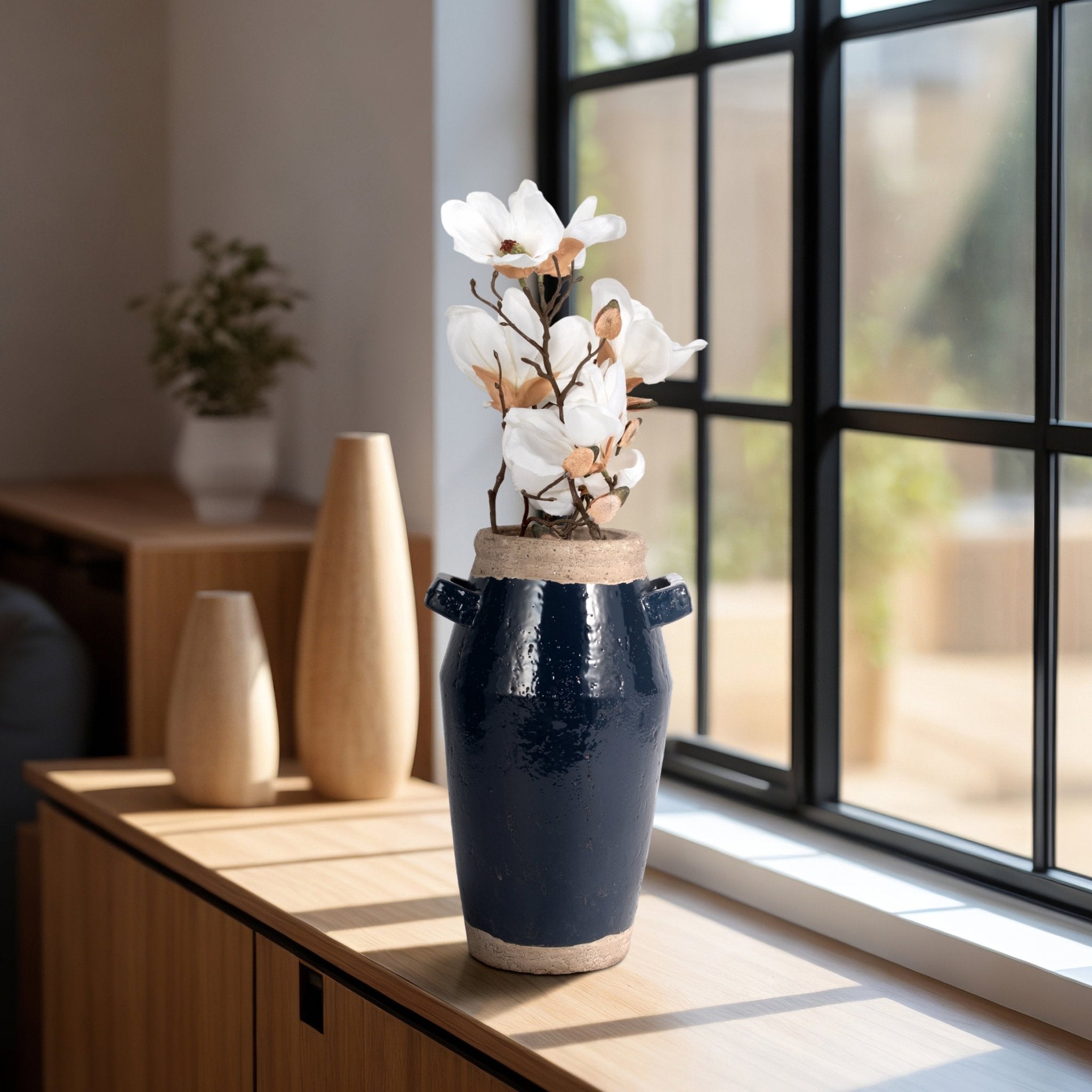 Squared Handle Terracotta Vase, Navy/tan Vases and Jars| Sagebrook Home