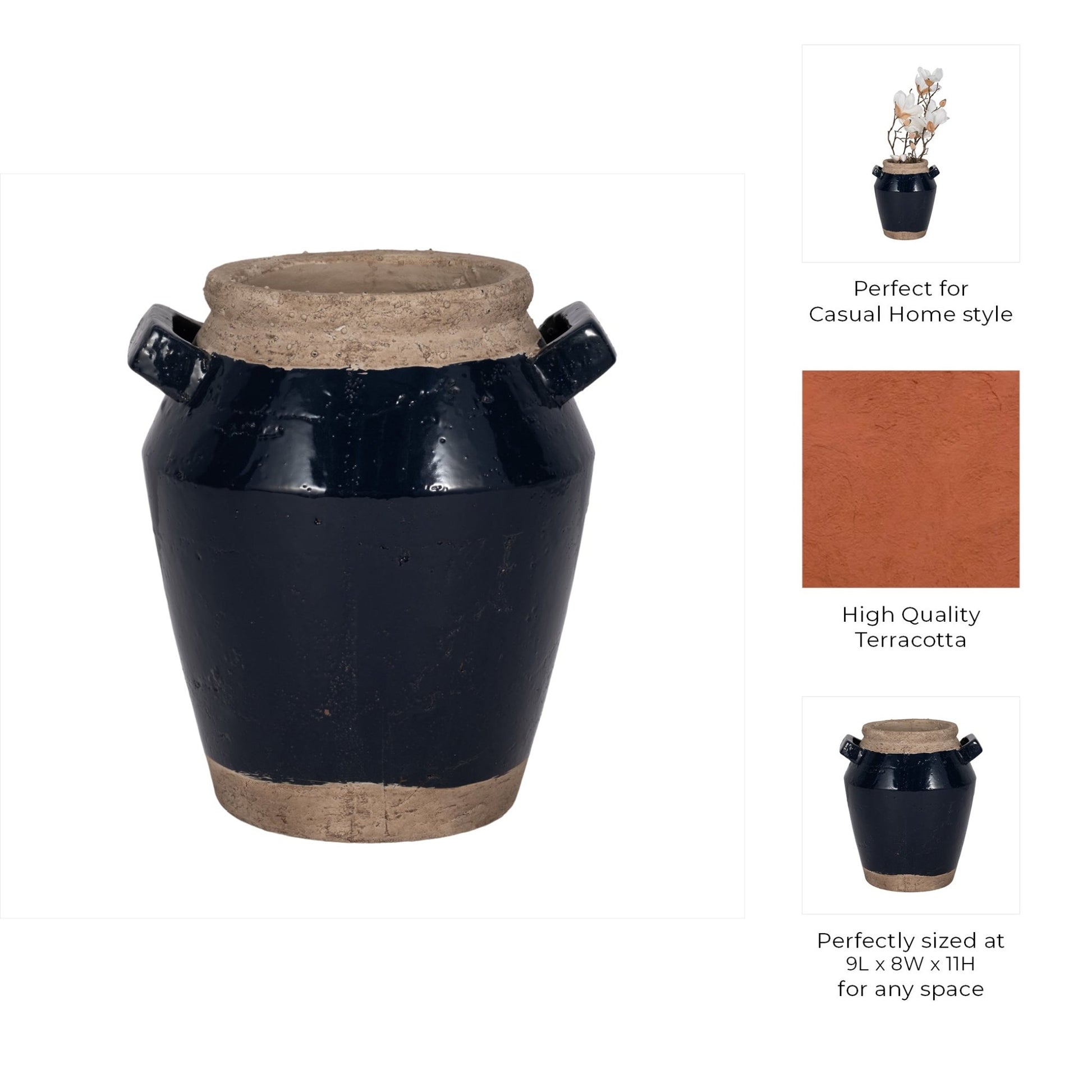 Squared Handle Terracotta Vase, Navy/tan Vases and Jars| Sagebrook Home