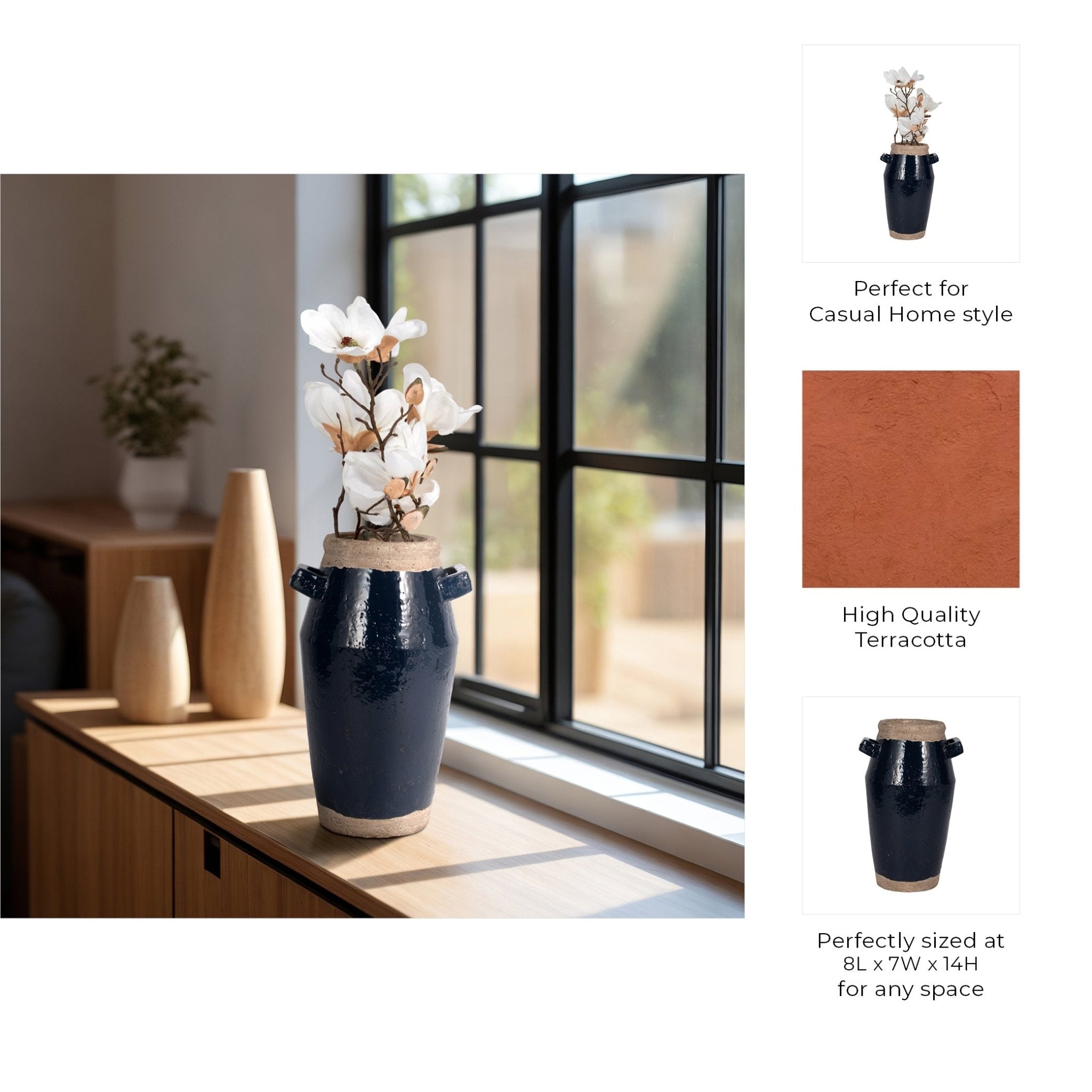 Squared Handle Terracotta Vase, Navy/tan Vases and Jars| Sagebrook Home