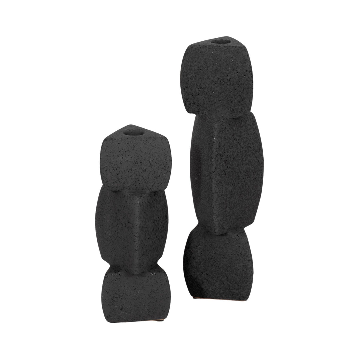 9" STACKED OBJECTS TAPER HOLDER SAND GLAZE, BLACK Candle Holders| Sagebrook Home