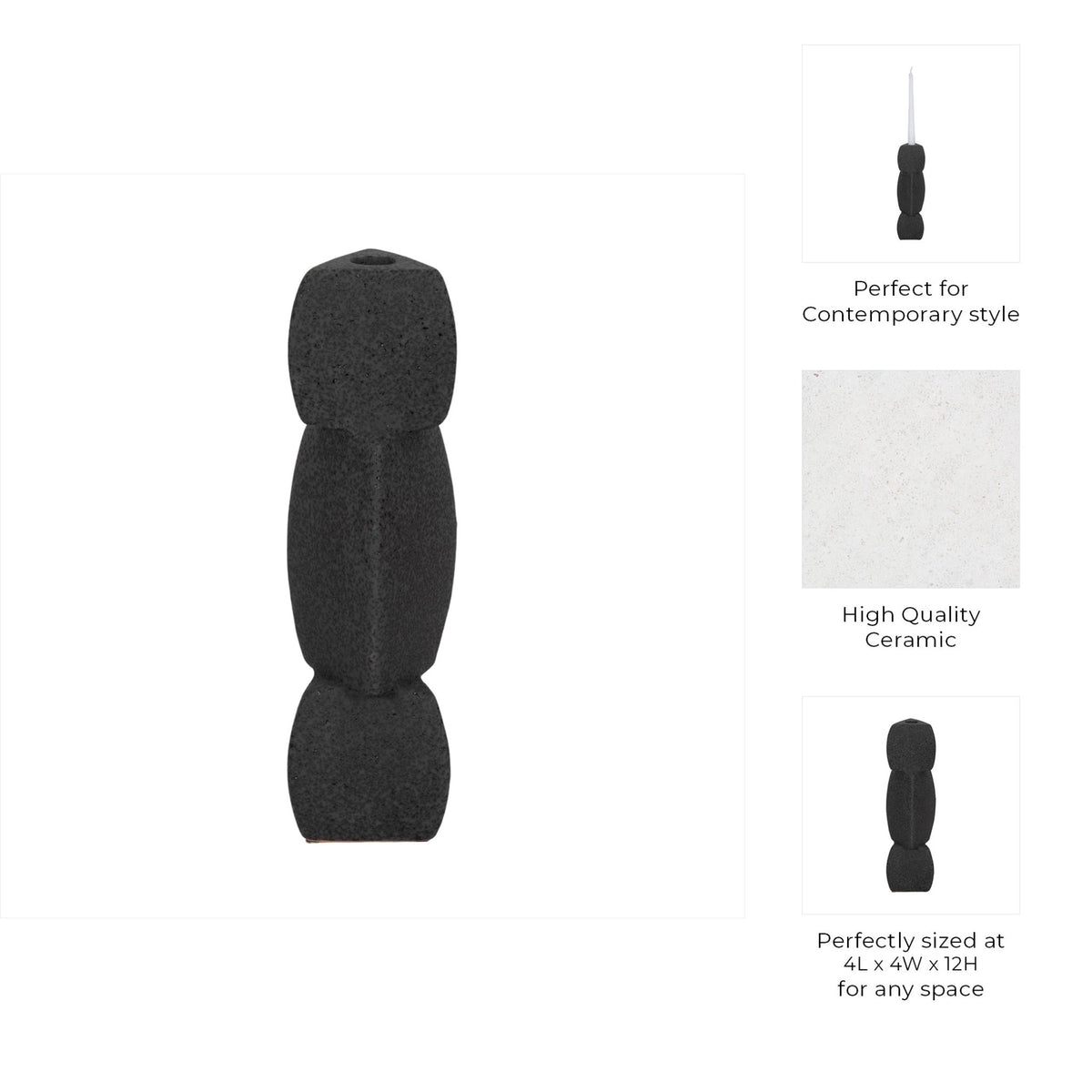 9" STACKED OBJECTS TAPER HOLDER SAND GLAZE, BLACK Candle Holders| Sagebrook Home