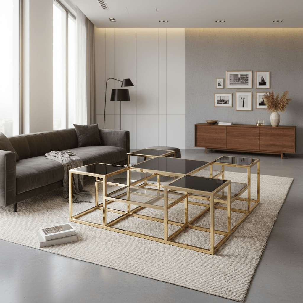 STAINLESS STEEL COCKTAIL TABLE, GOLD/BLACK GLASS Coffee Tables| Sagebrook Home