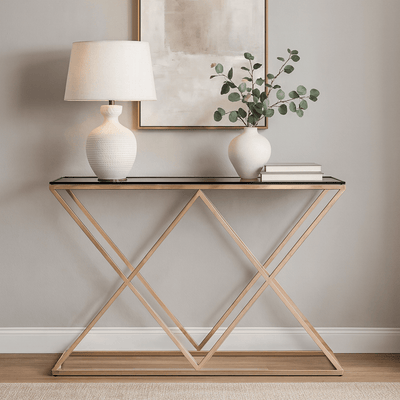 STAINLESS STEEL & GLASS CONSOLE TABLE, GOLD KD - Al Rugaib Furniture