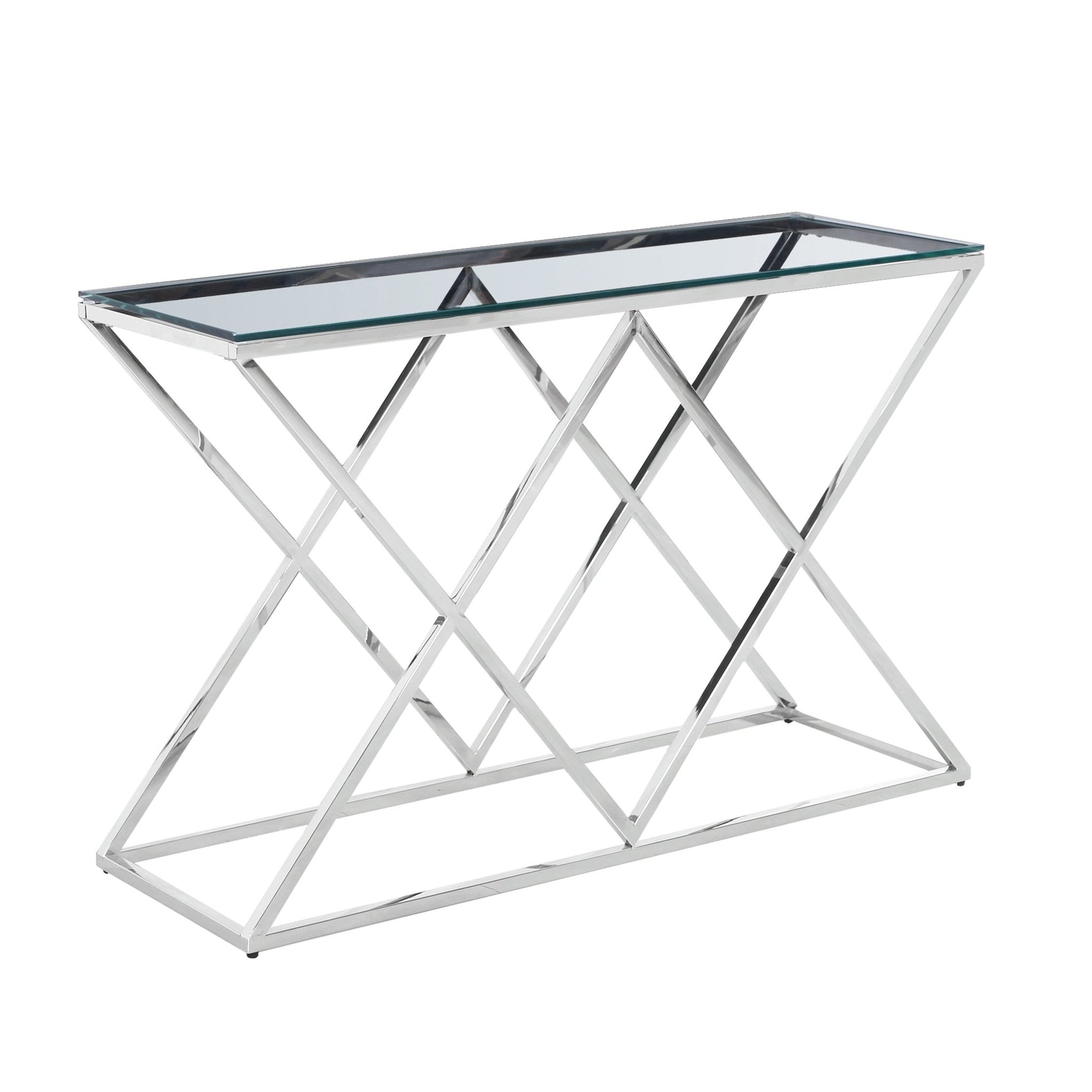 STAINLESS STEEL & GLASS CONSOLE TABLE, SILVER KD Consoles & Sideboards| Sagebrook Home
