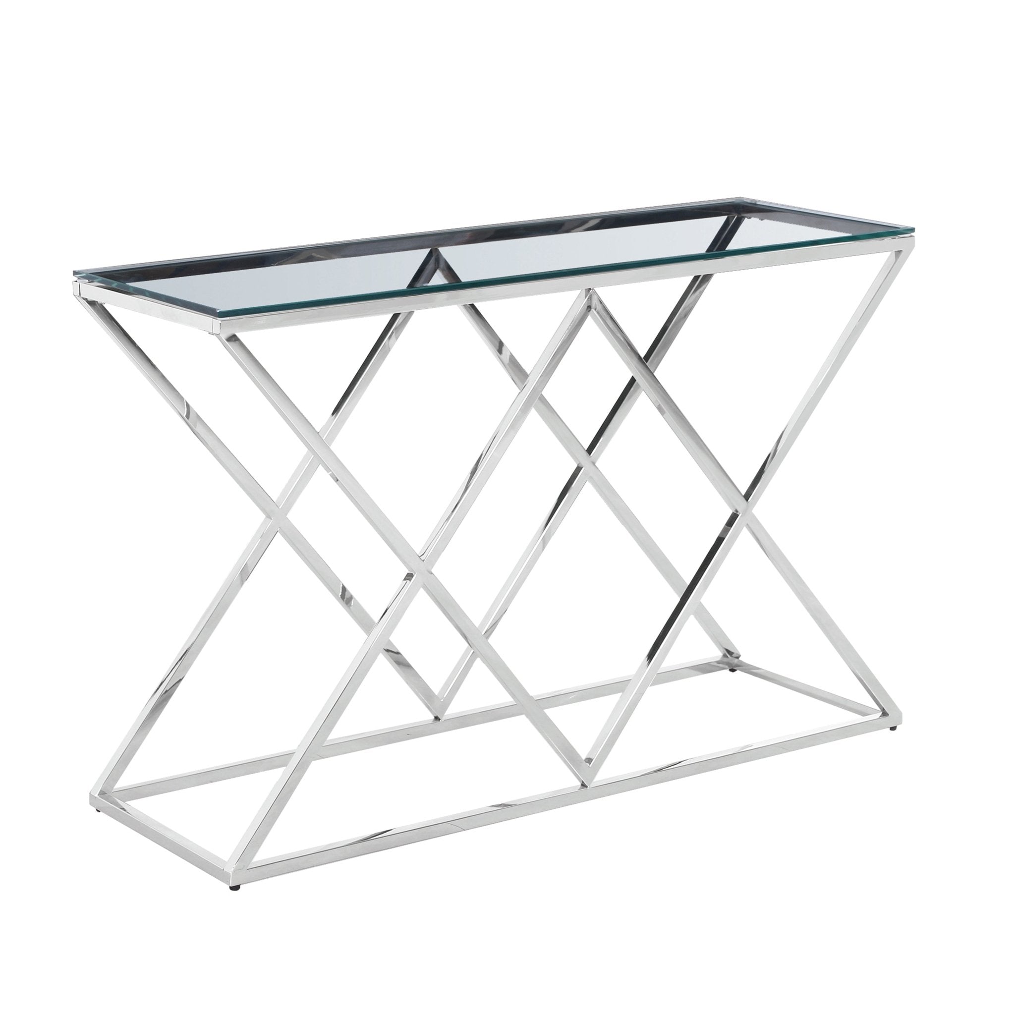 STAINLESS STEEL & GLASS CONSOLE TABLE, SILVER KD Consoles & Sideboards| Sagebrook Home