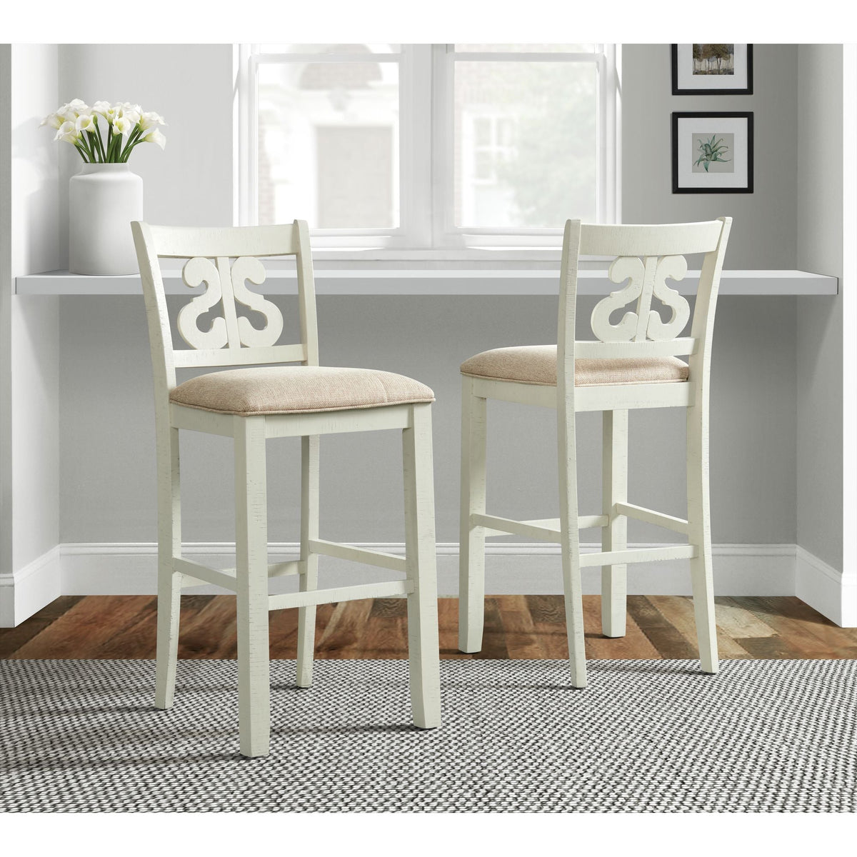 Stone 30in Bar Scroll Back Stool w/Fabric Seat in White (2 Per Carton) Stools| Roots Furniture