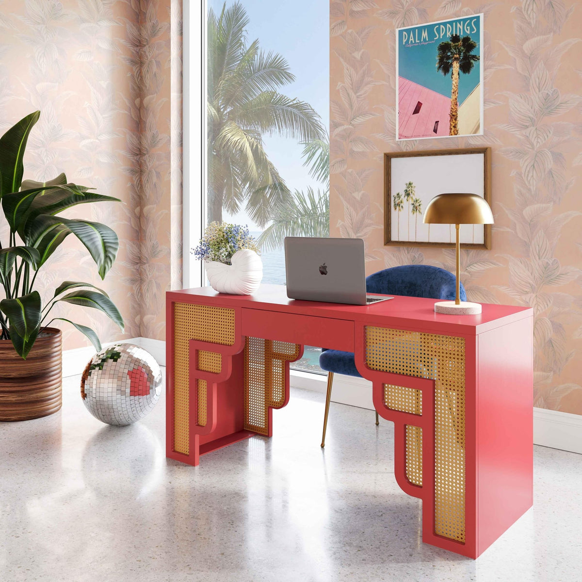 Suzie Coral Pink & Rattan Executive Desk Desk| TOV