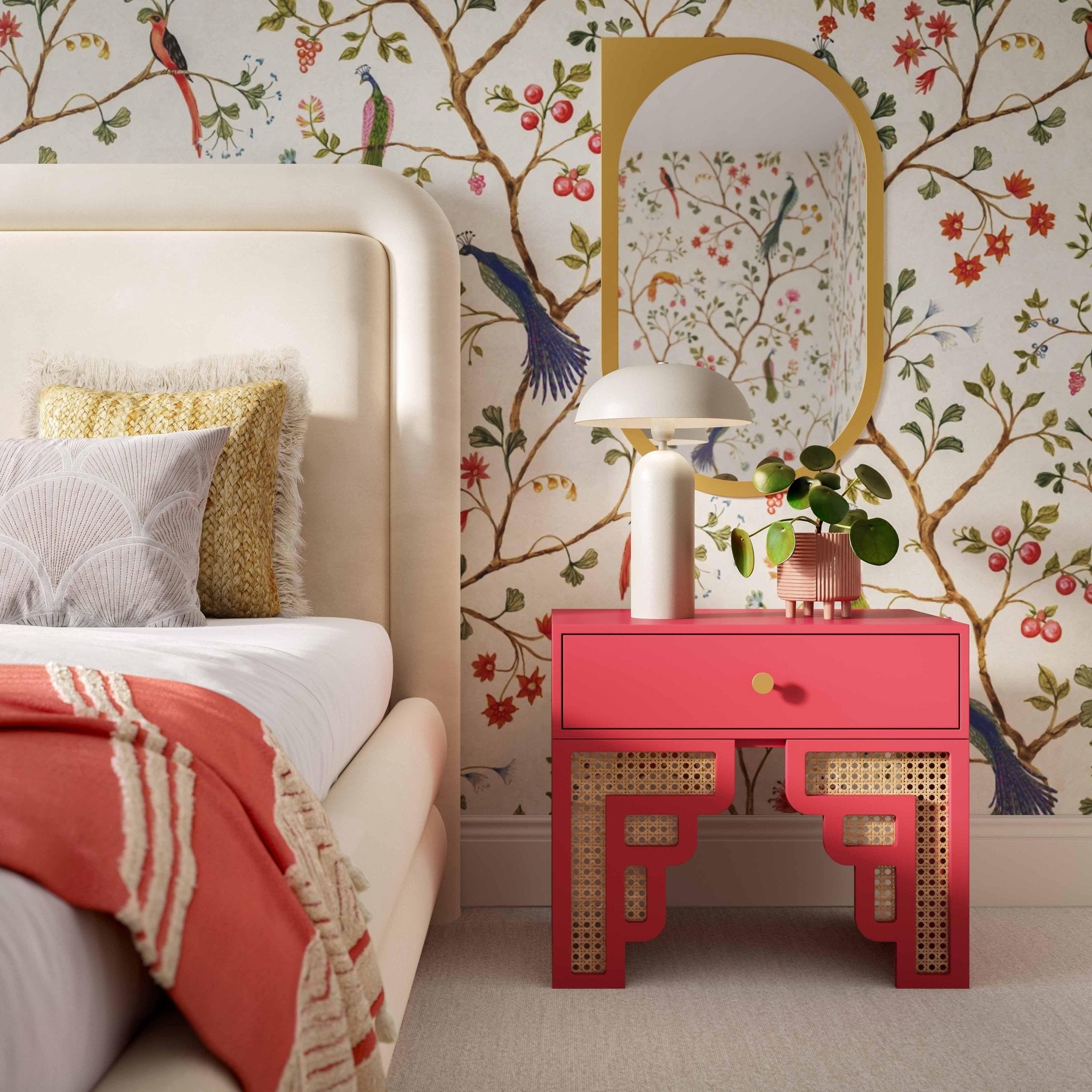 Suzie Coral Pink & Rattan Nightstand Nightstands| TOV