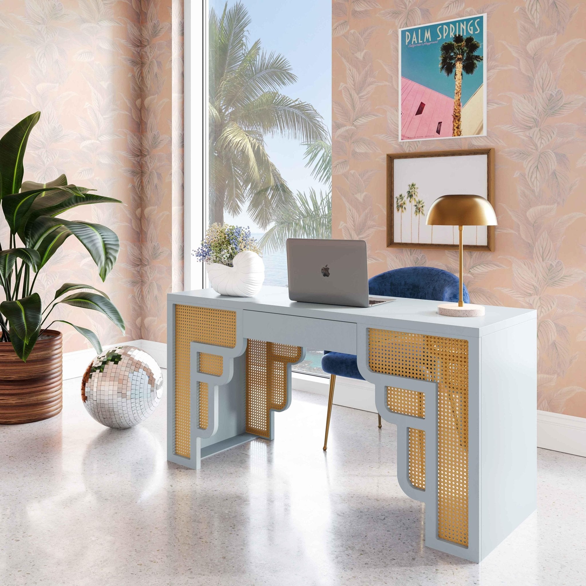 Suzie Pastel Blue & Rattan Executive Desk Desk| TOV