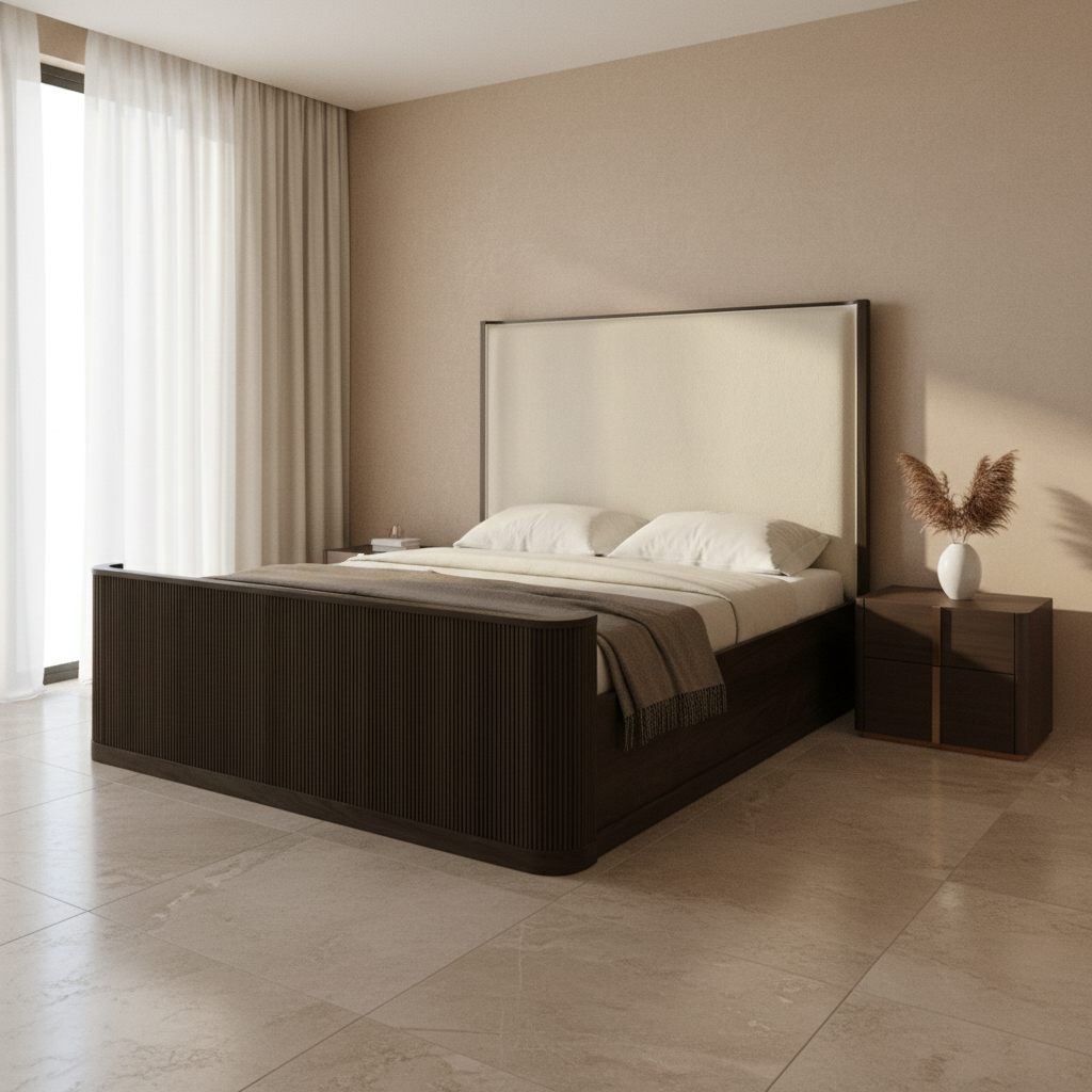 Sylvie King UPH Bed with White Fabric in Dark Brown Beds| Roots Furniture
