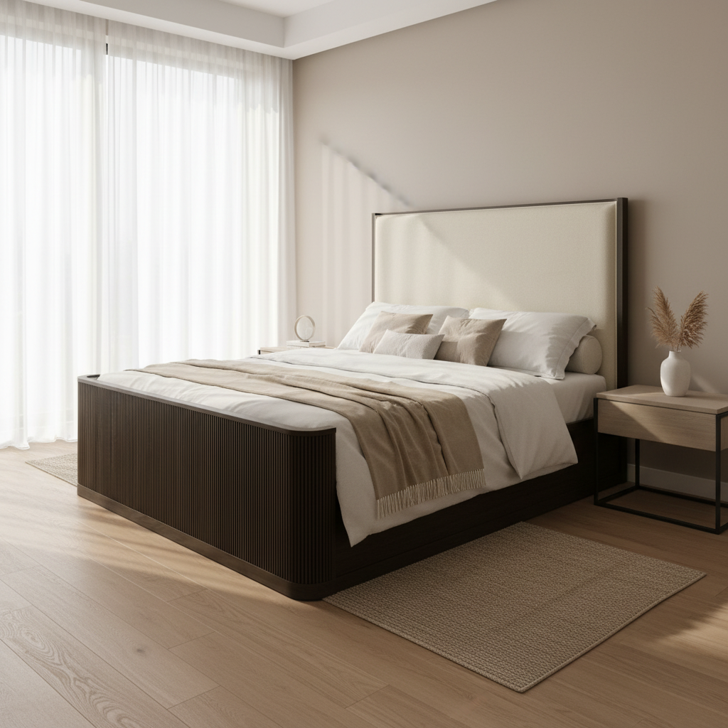 Sylvie Queen UPH Bed with White Fabric in Dark Brown Beds| Roots Furniture