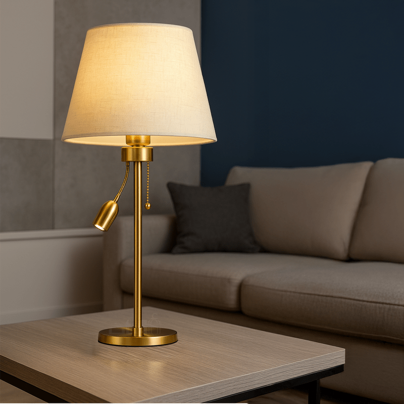 Table Lamp with Light Fabric Shade and Flexible Reading Arm in Elegant Gold - Al Rugaib Furniture