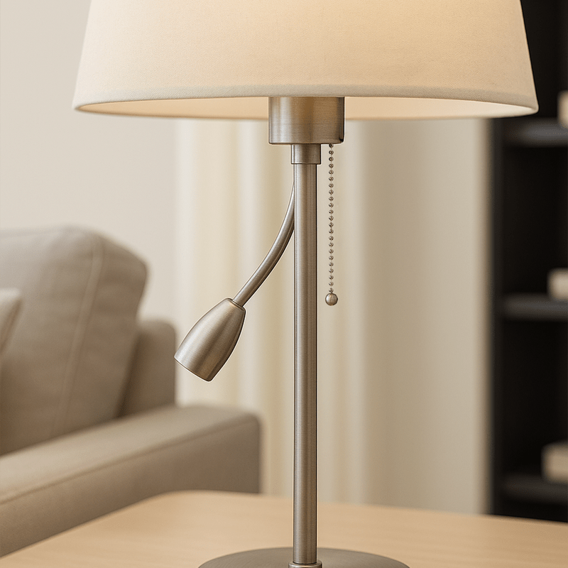 Table Lamp with Light Fabric Shade and Flexible Reading Arm in Elegant Silver - Al Rugaib Furniture