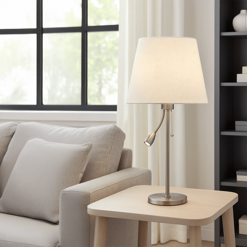 Table Lamp with Light Fabric Shade and Flexible Reading Arm in Elegant Silver - Al Rugaib Furniture