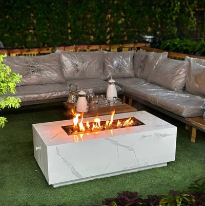 Table with Built - In Charcoal Fire Pit – White Marble – 120×60×40 cm - Al Rugaib Furniture