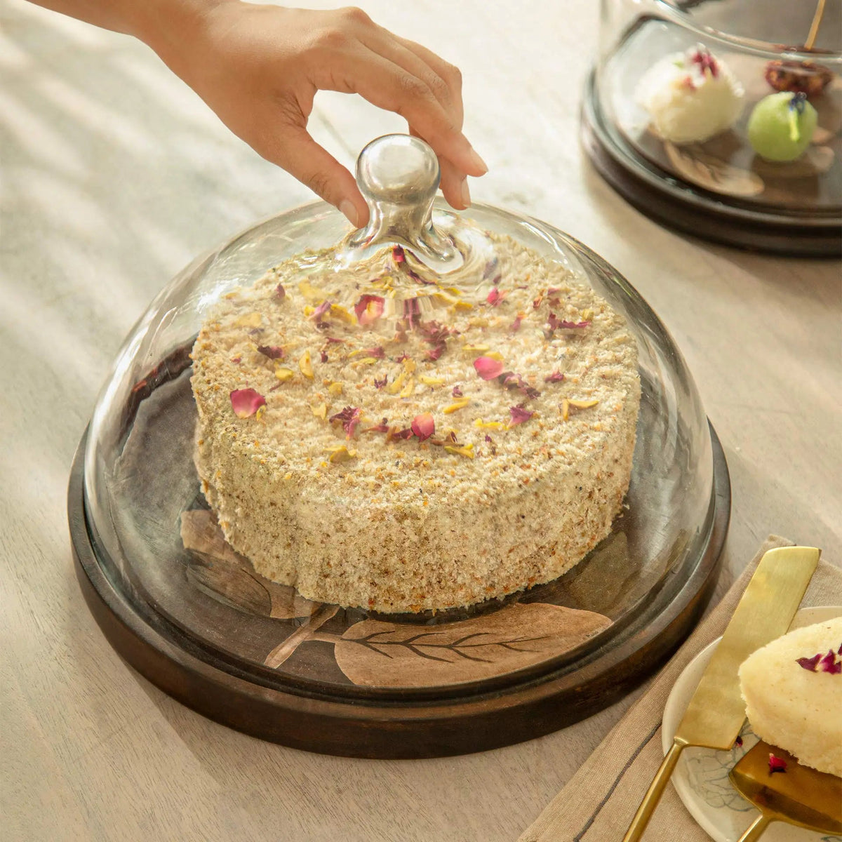 Tashi Glass Cloche With Wooden Painted Base Tray| Roots Furniture