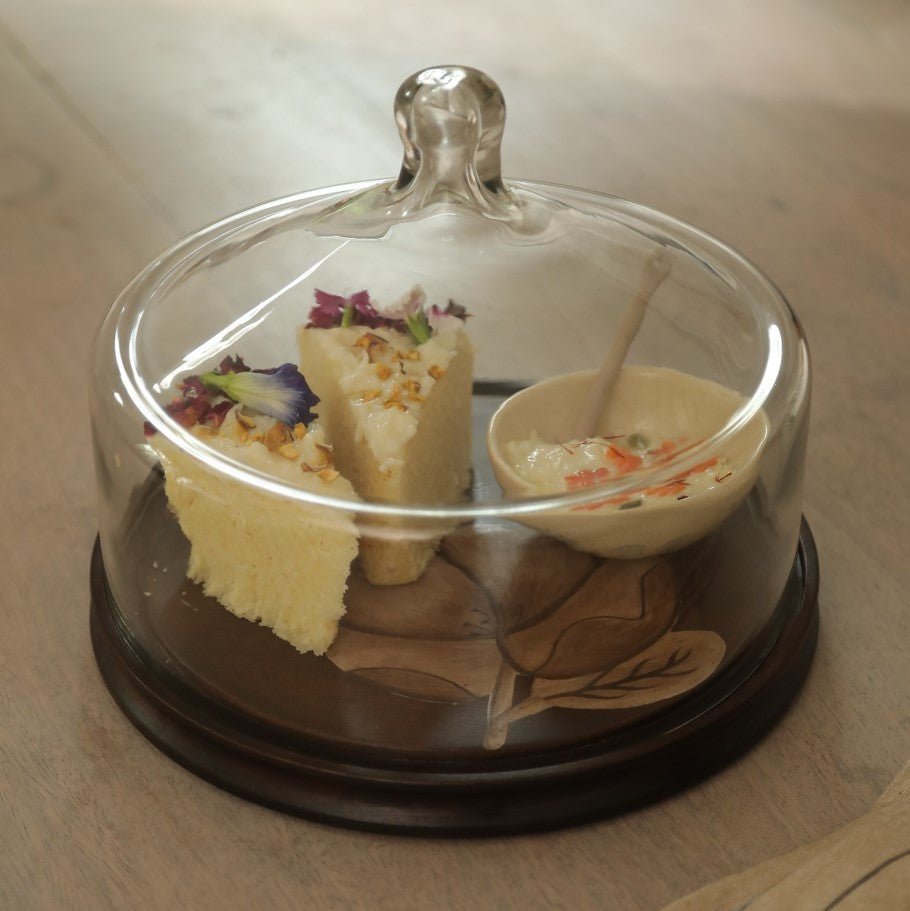 Tashi Glass Cloche With Wooden Painted Base - Small Tray| Roots Furniture