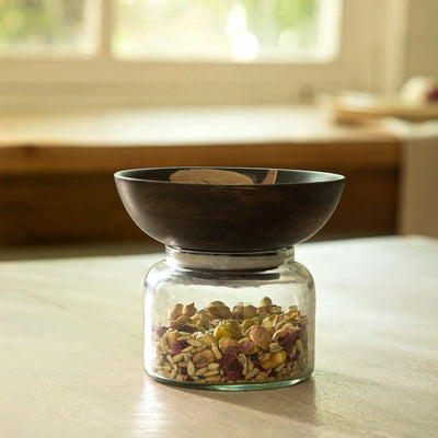 Tashi Glass Jar With Wooden Nut Bowl - Small - Al Rugaib Furniture