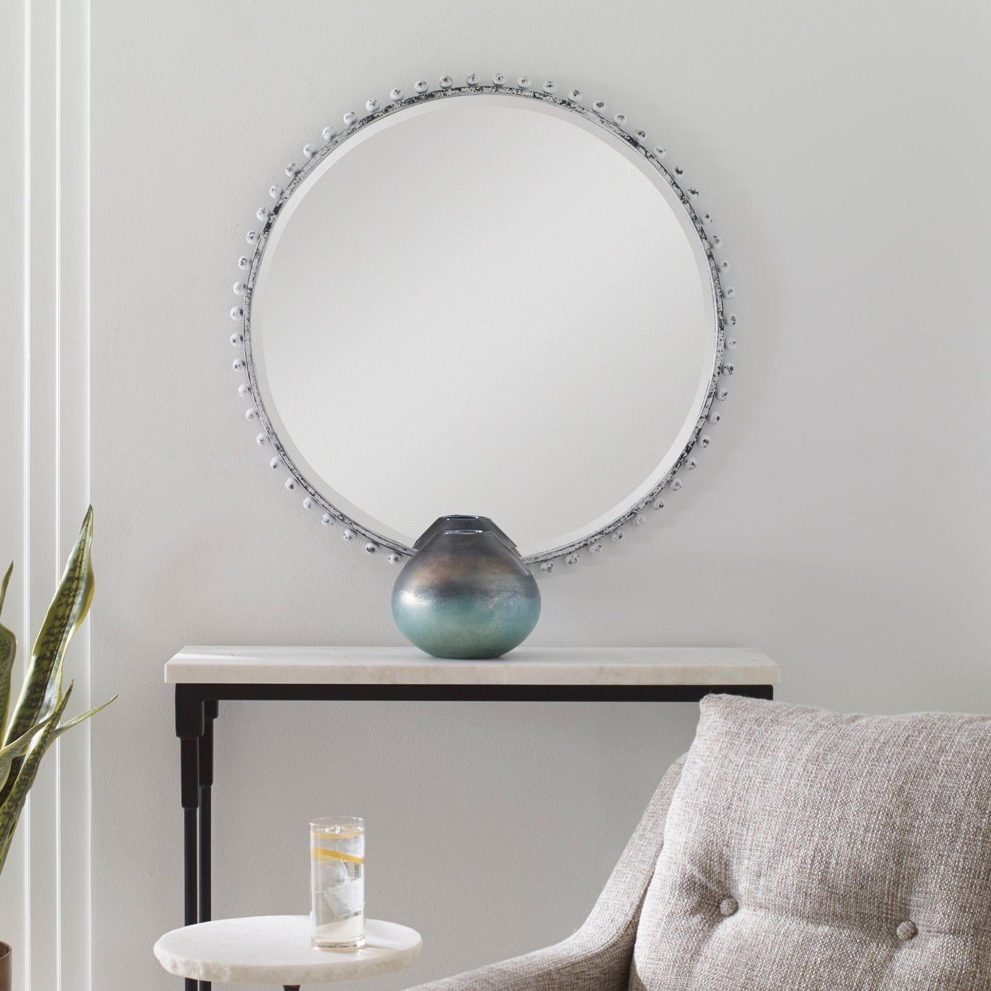 Taza Round Mirror, Antique White Mirrors| Uttermost