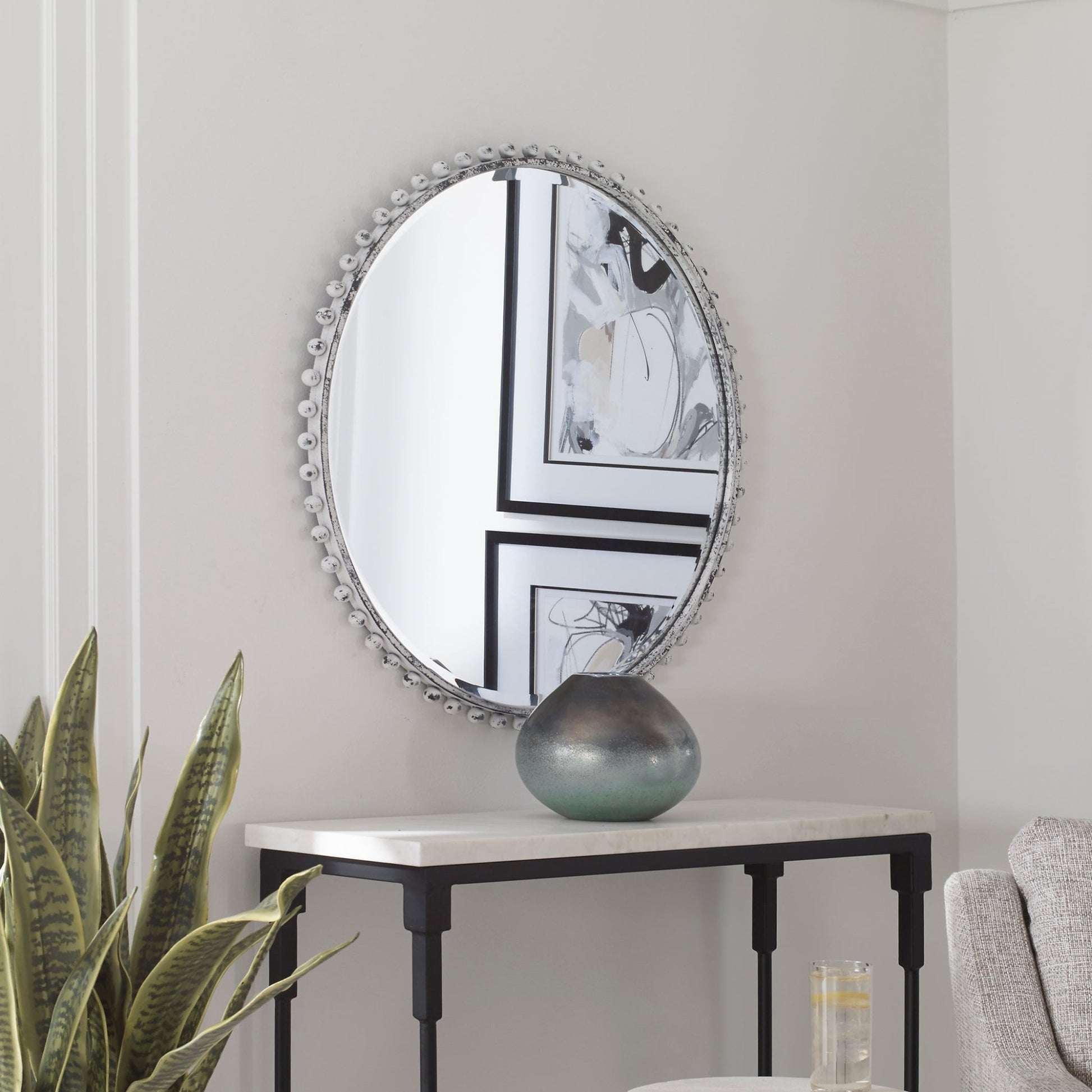 Taza Round Mirror, Antique White Mirrors| Uttermost