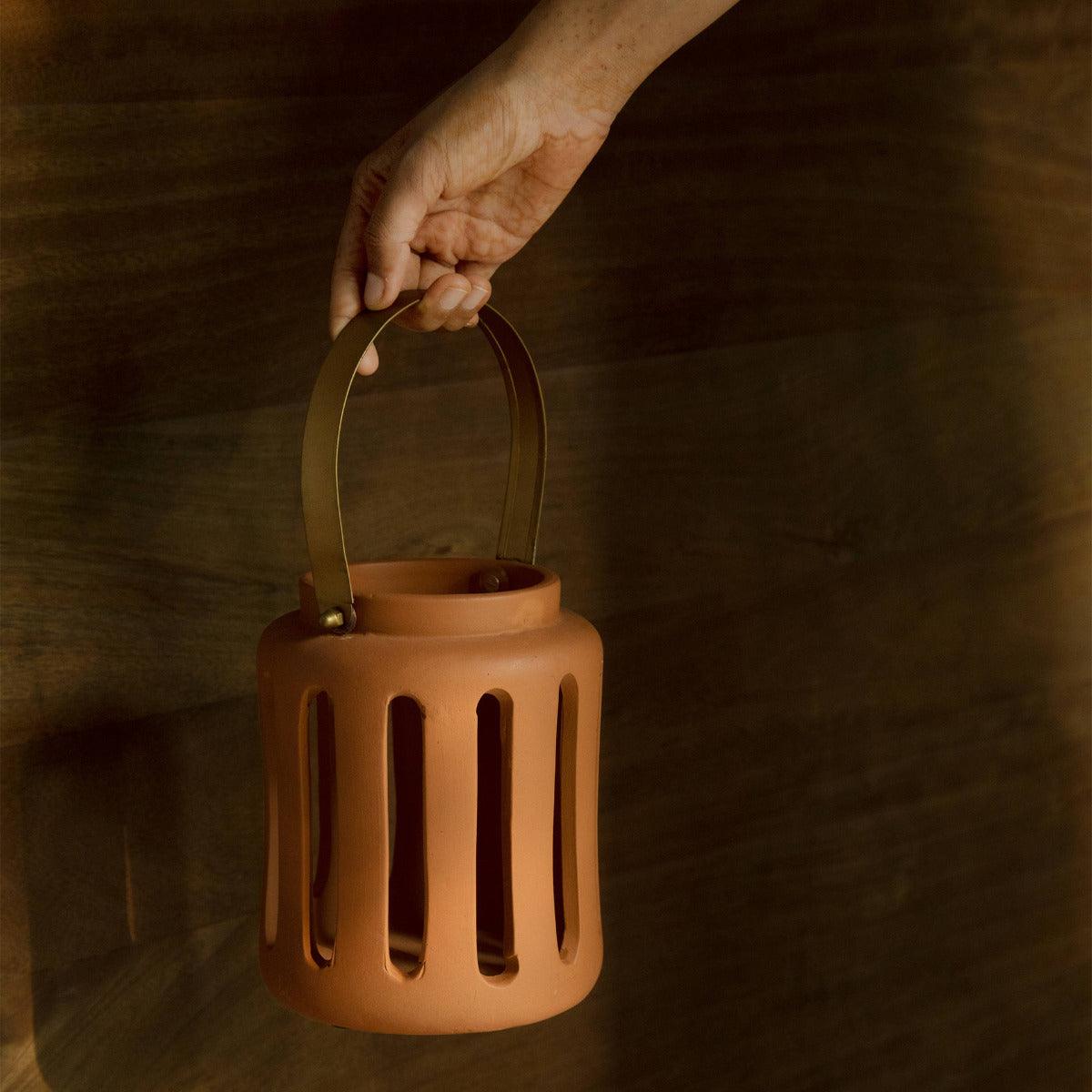 Lupa Terracotta Round Lantern W/Metal Handle - Large Lanterns| Roots Furniture