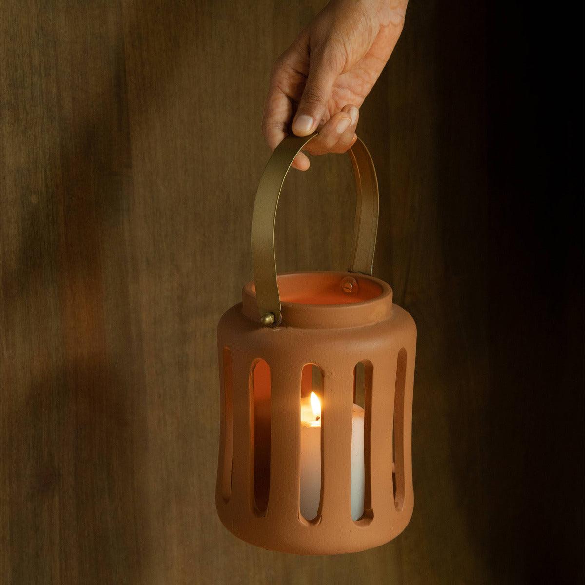 Lupa Terracotta Round Lantern W/Metal Handle - Large Lanterns| Roots Furniture