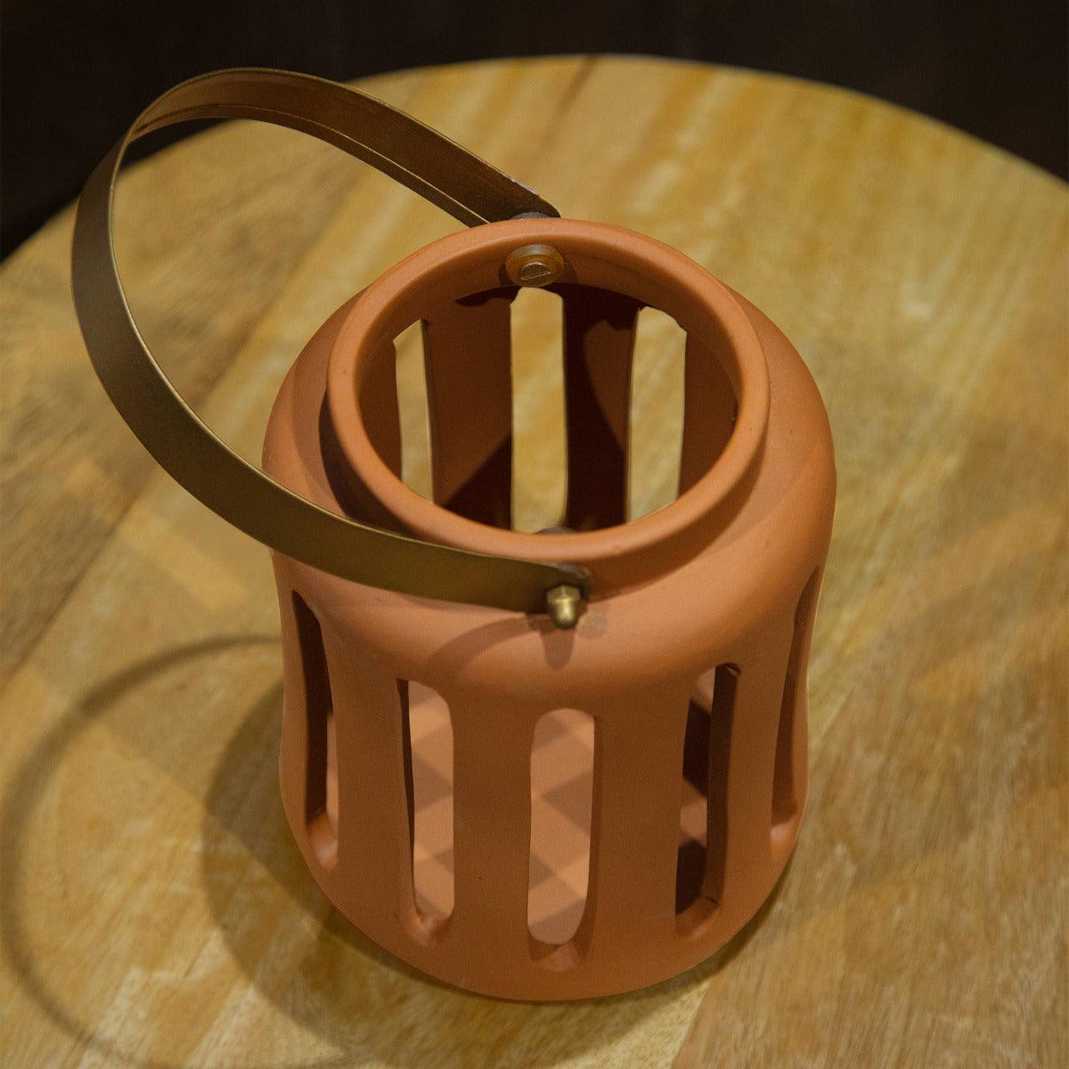 Lupa Terracotta Round Lantern W/Metal Handle - Large Lanterns| Roots Furniture