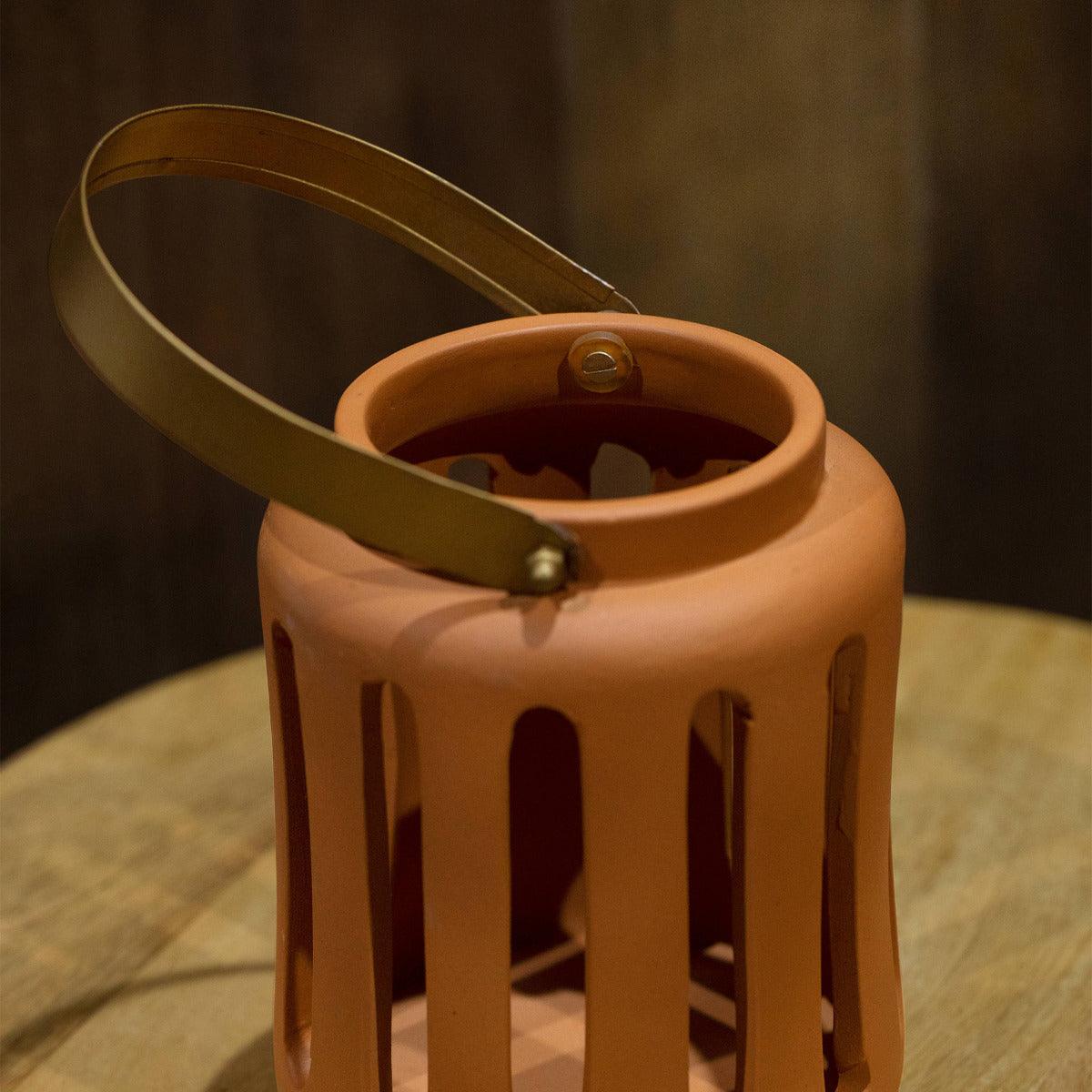 Lupa Terracotta Round Lantern W/Metal Handle - Large Lanterns| Roots Furniture