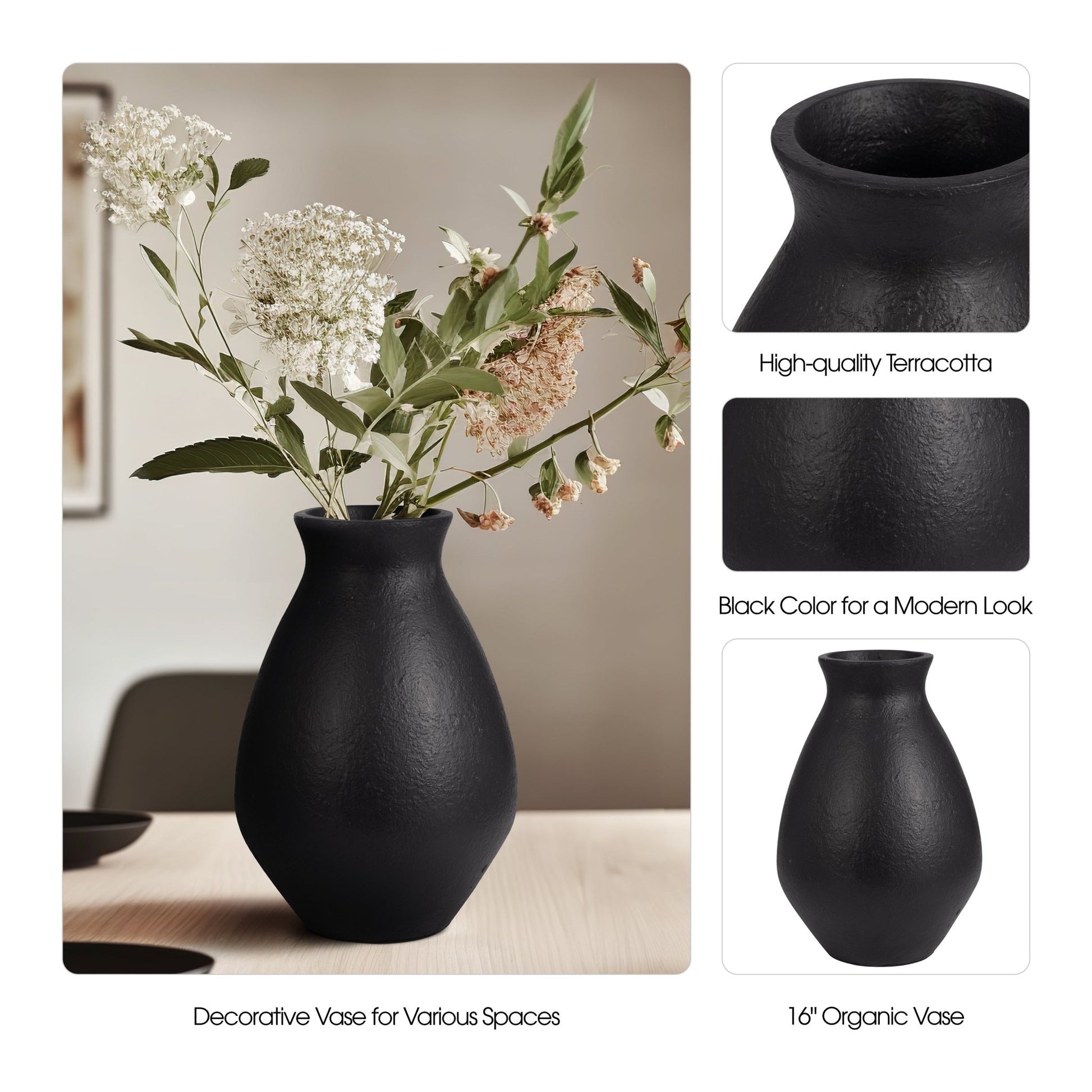 TERRACOTTA, 16" ORGANIC VASE, BLACK/IVORY Vases and Jars| Sagebrook Home