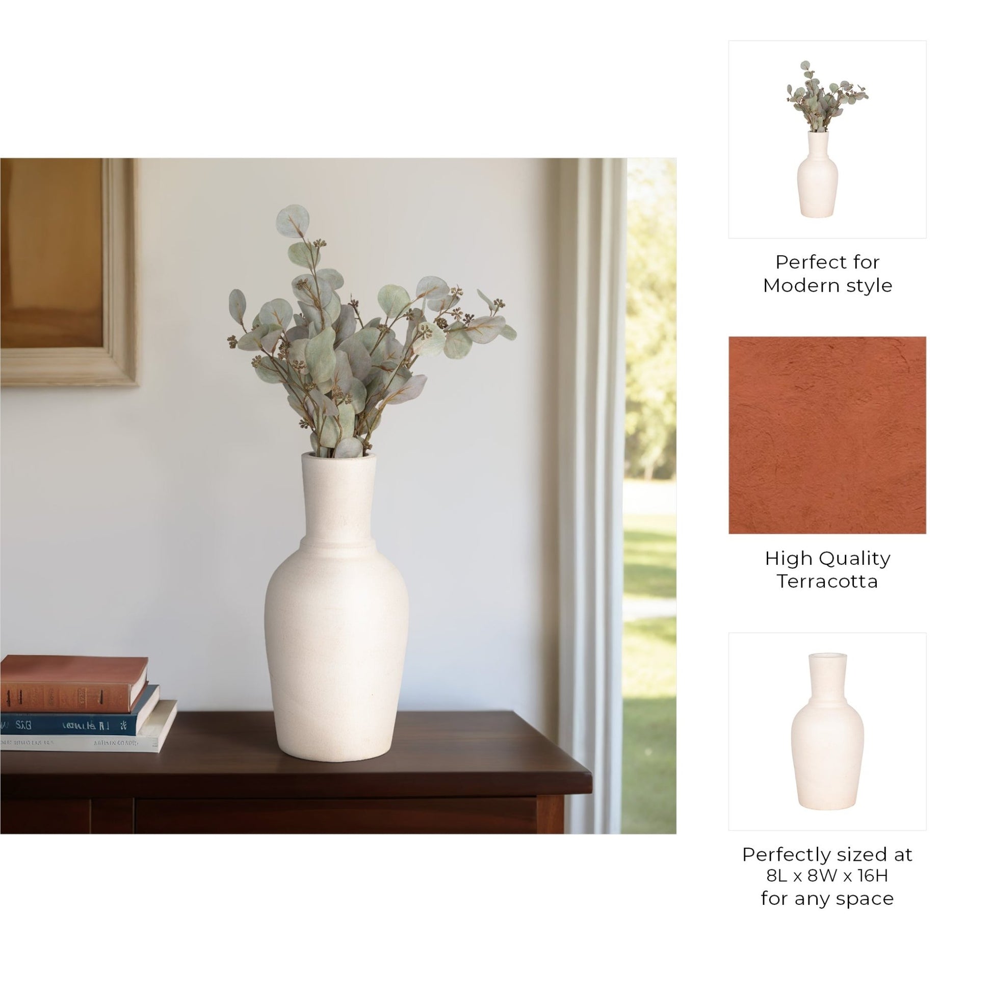 Terracotta, 16" Vase With Ring At Neck, Ivory Vases and Jars| Sagebrook Home