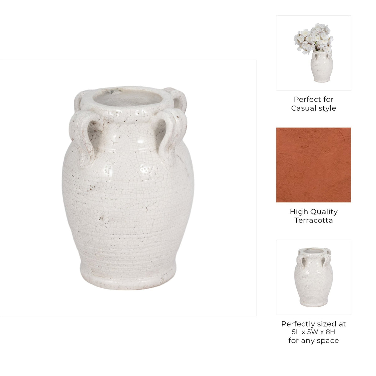 Terracotta Vase With Handles, White Crackle Vases and Jars| Sagebrook Home