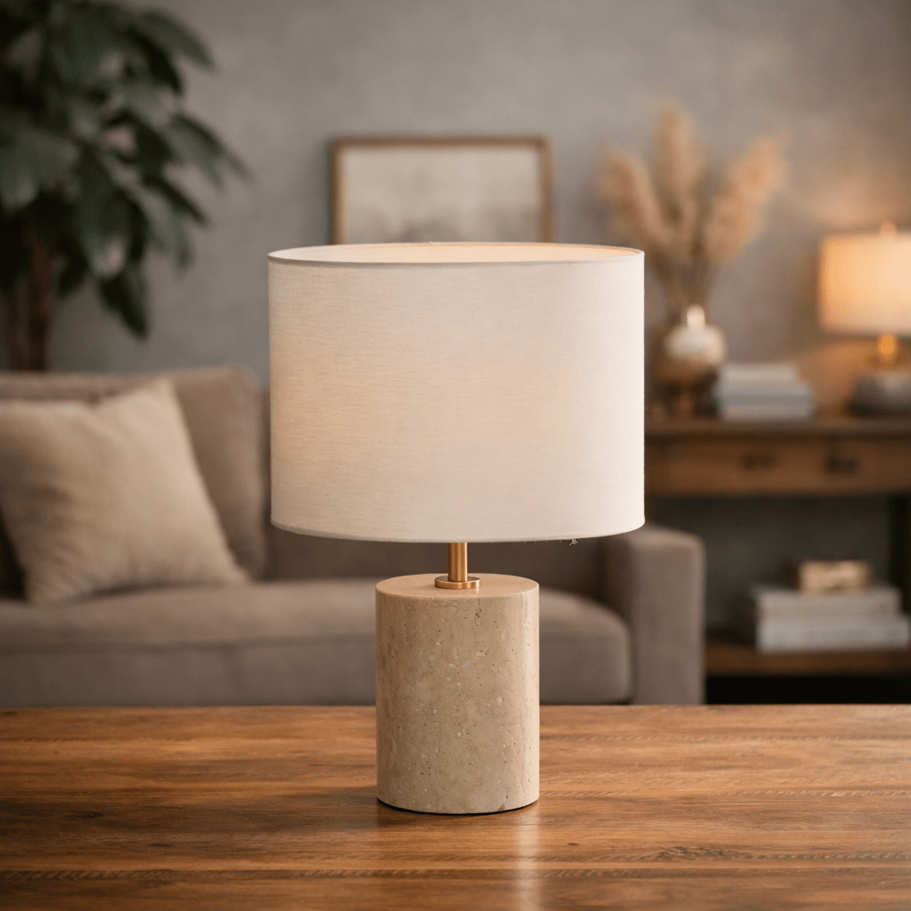 TRAVERTINE TABLE LAMP W / SHADE Table Lamps| Roots Furniture