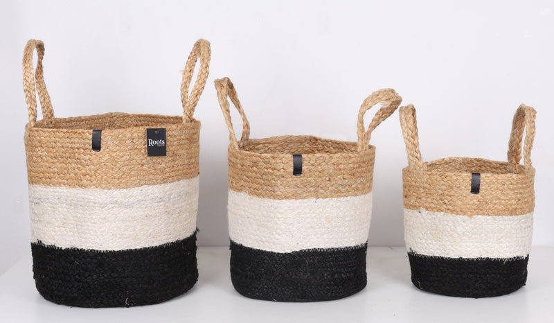 TRI COLOR JUTE BASKET W/HANDLE - S/3 - Al Rugaib Furniture