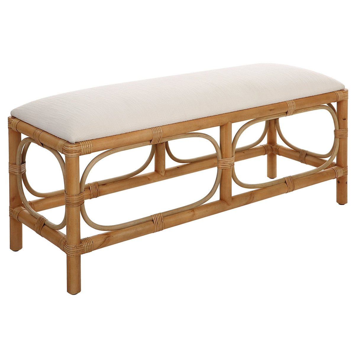 Uttermost Laguna White Fabric Rattan Bench Benches| Uttermost