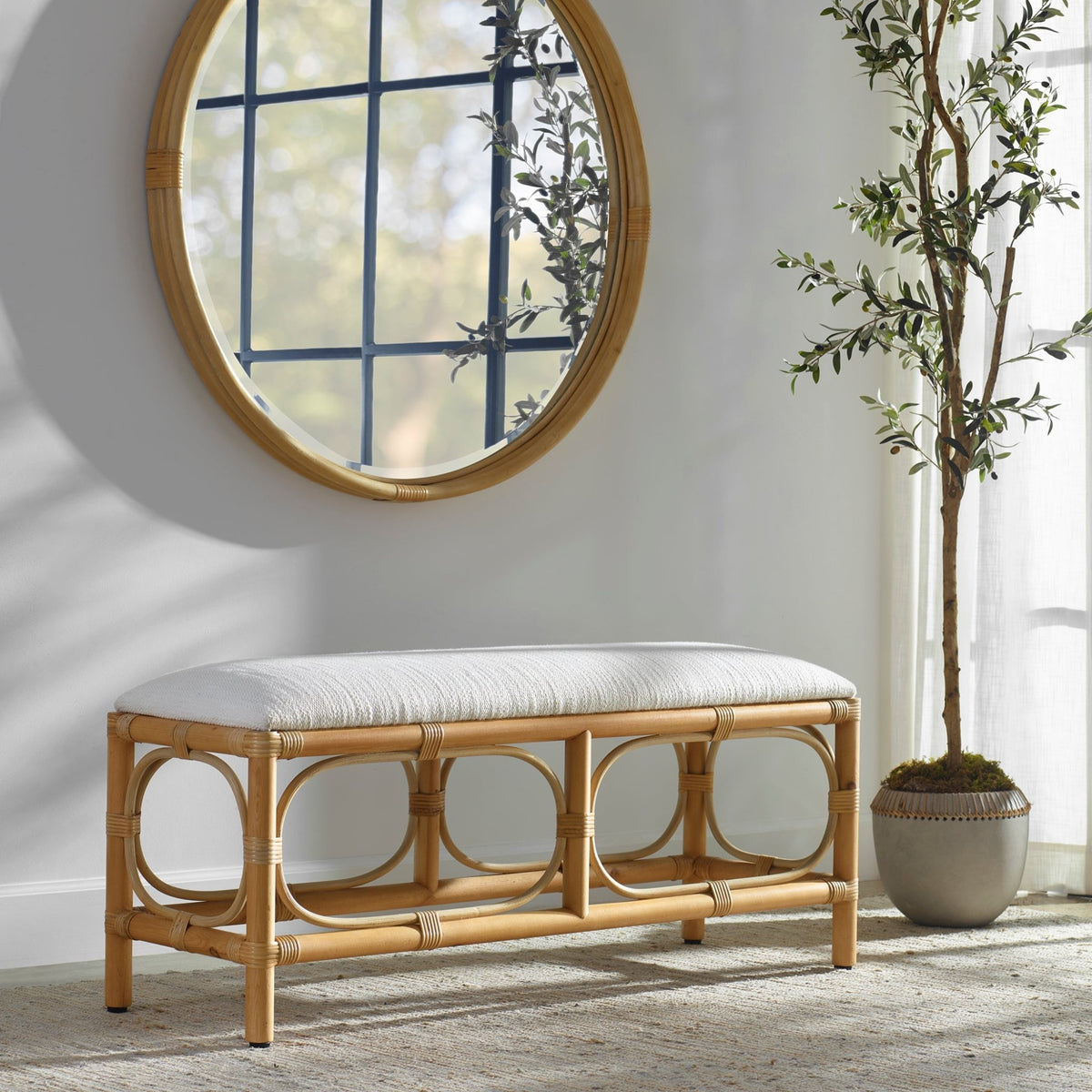 Uttermost Laguna White Fabric Rattan Bench Benches| Uttermost