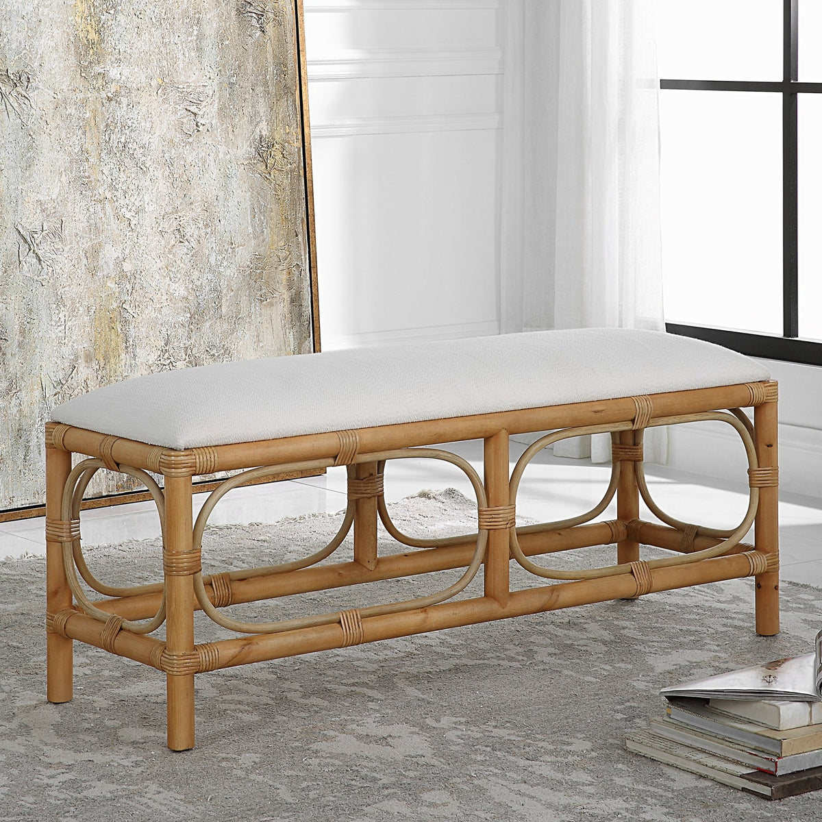 Uttermost Laguna White Fabric Rattan Bench Benches| Uttermost