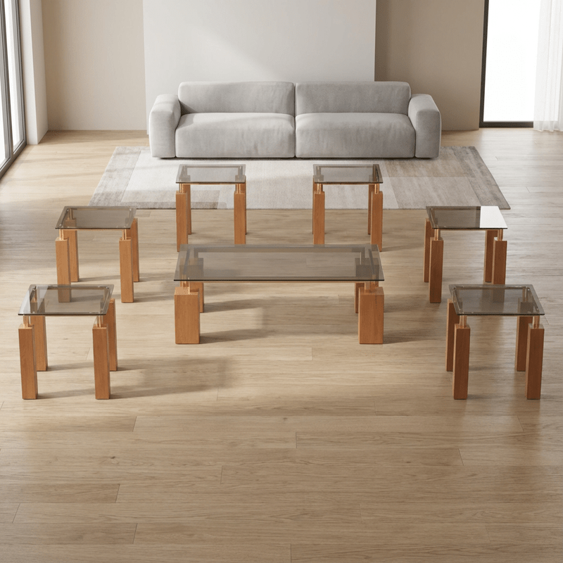 Verona Rectangular Glass and Wood Coffee Table Set with Square Tables 1+6 – Elegant Brown Coffee Table Set| Otath