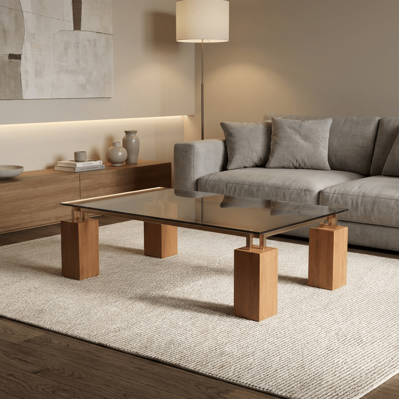 Verona Rectangular Glass and Wood Coffee Table Set with Square Tables 1+6 – Elegant Brown Coffee Table Set| Otath