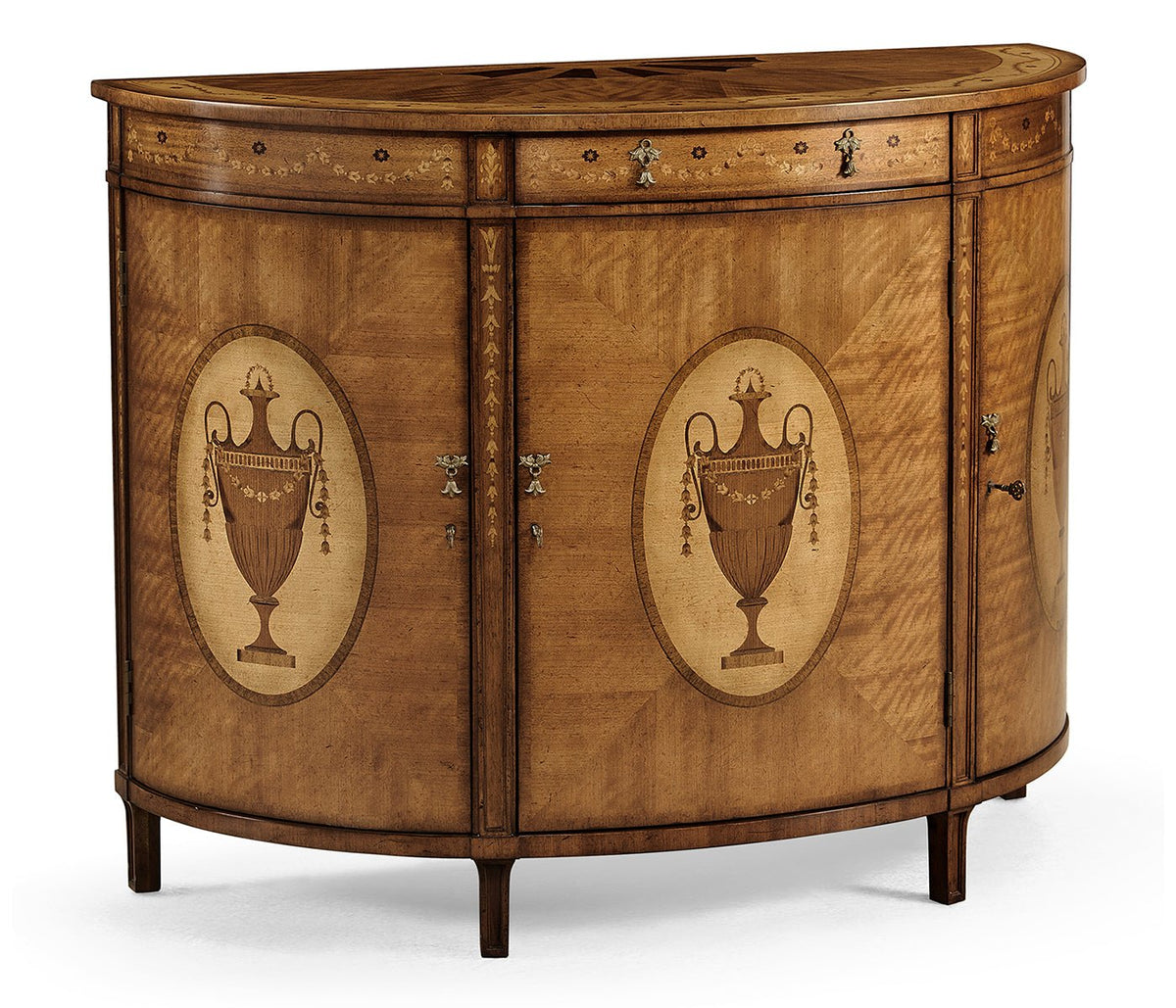 Versailles Collection - Adam Style Satinwood & Marquetry Demilune Cabinet Cabinets & Chests| Jonathan Charles