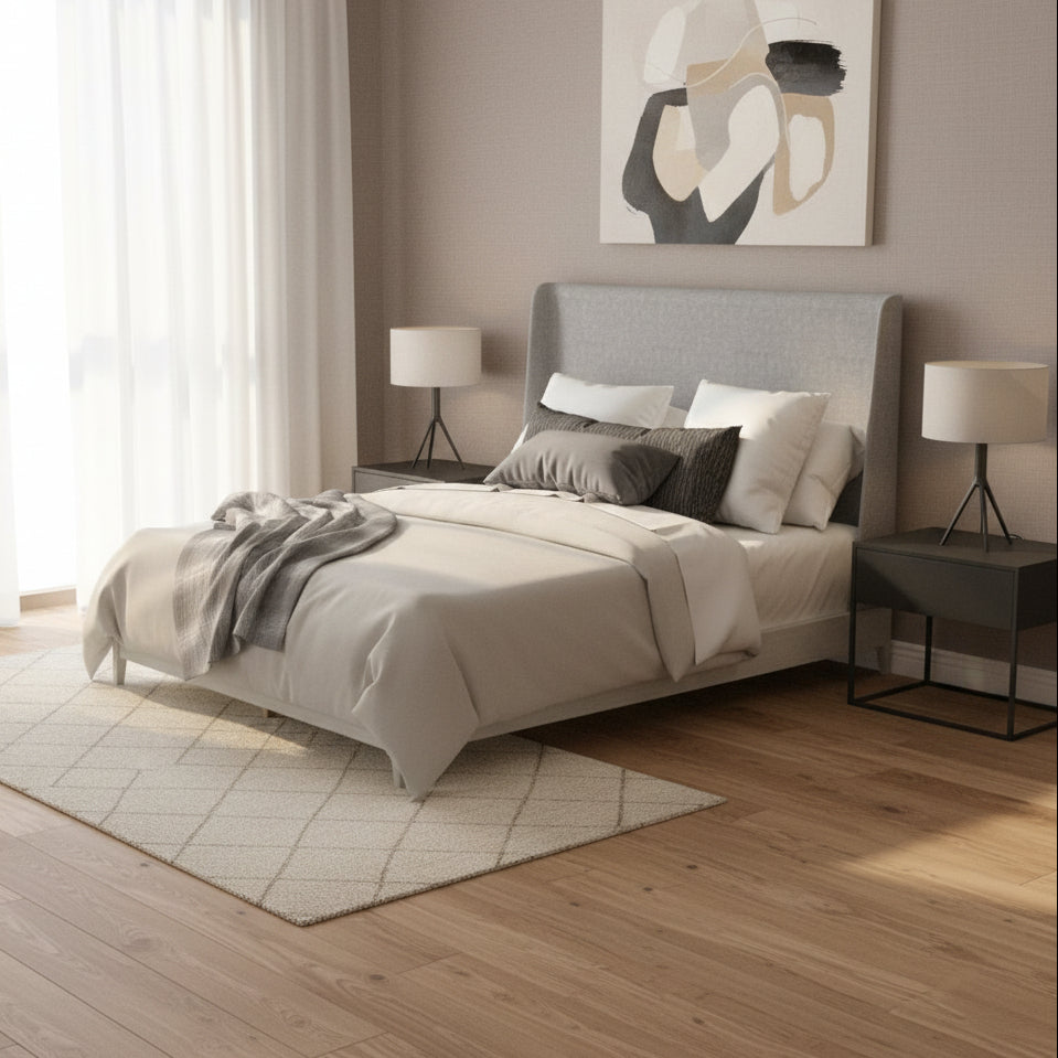 Westland King UPH Bed with Grey Fabric in Almond Beds| Roots Furniture