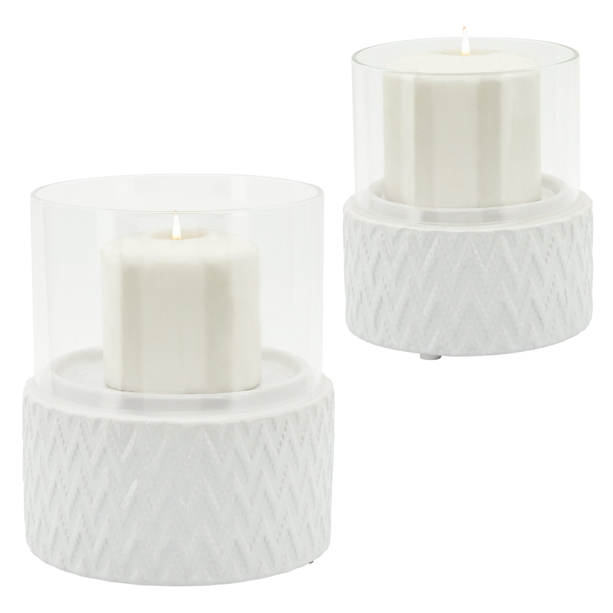 WHITE CERAMIC /GLASS 5" PILLAR HOLDER, CHEVRON Candle Holders| Sagebrook Home