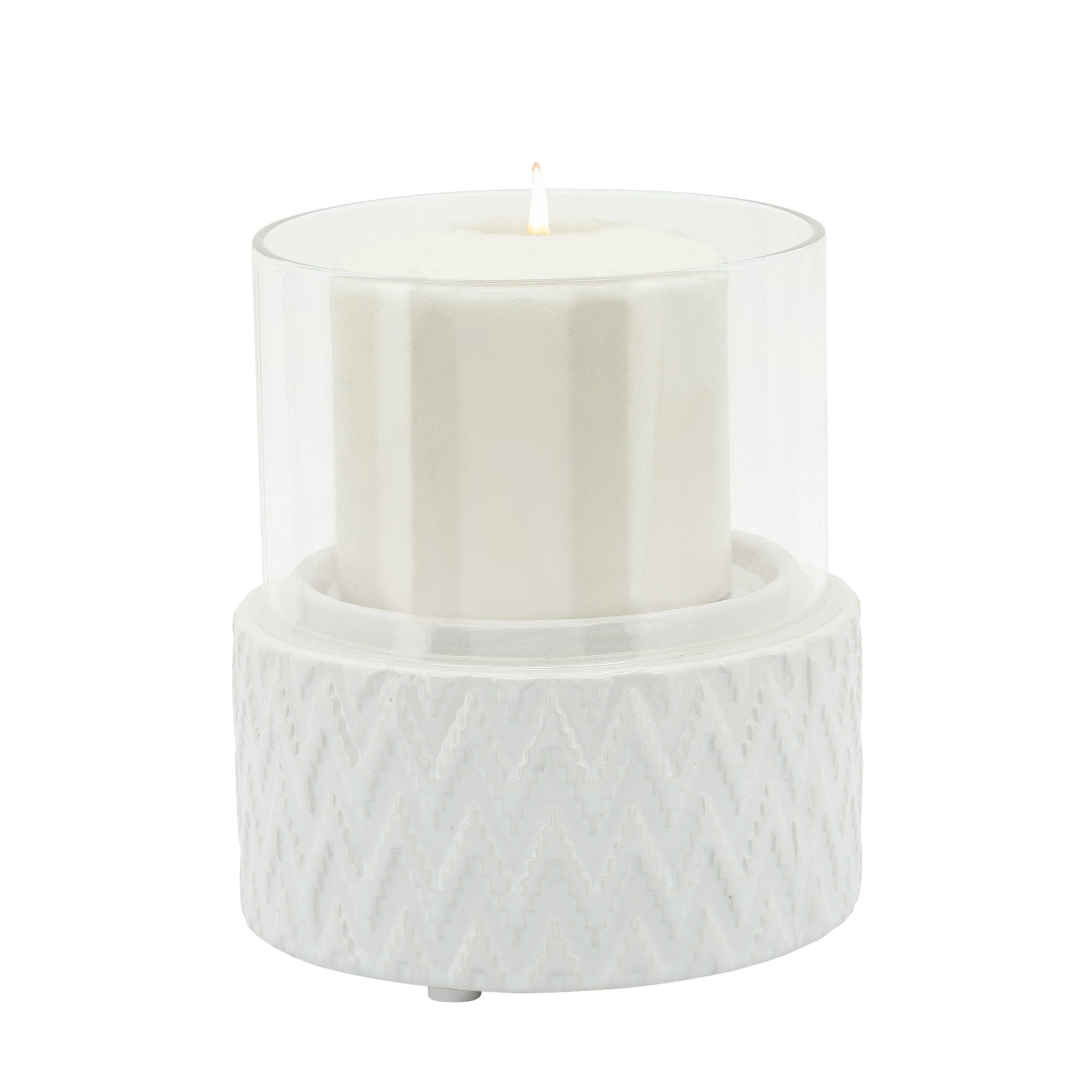 WHITE CERAMIC /GLASS 5" PILLAR HOLDER, CHEVRON Candle Holders| Sagebrook Home