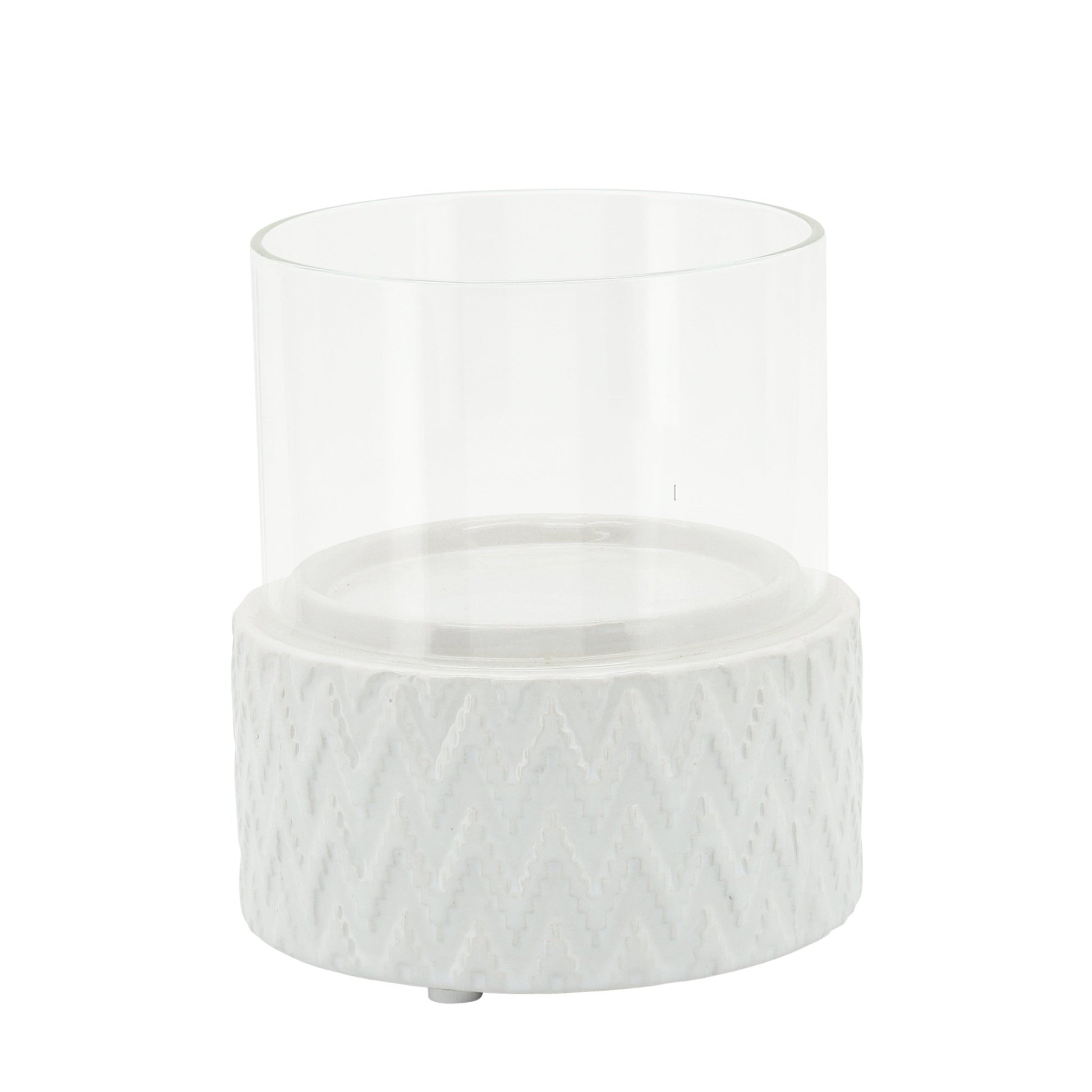 WHITE CERAMIC /GLASS 5" PILLAR HOLDER, CHEVRON Candle Holders| Sagebrook Home